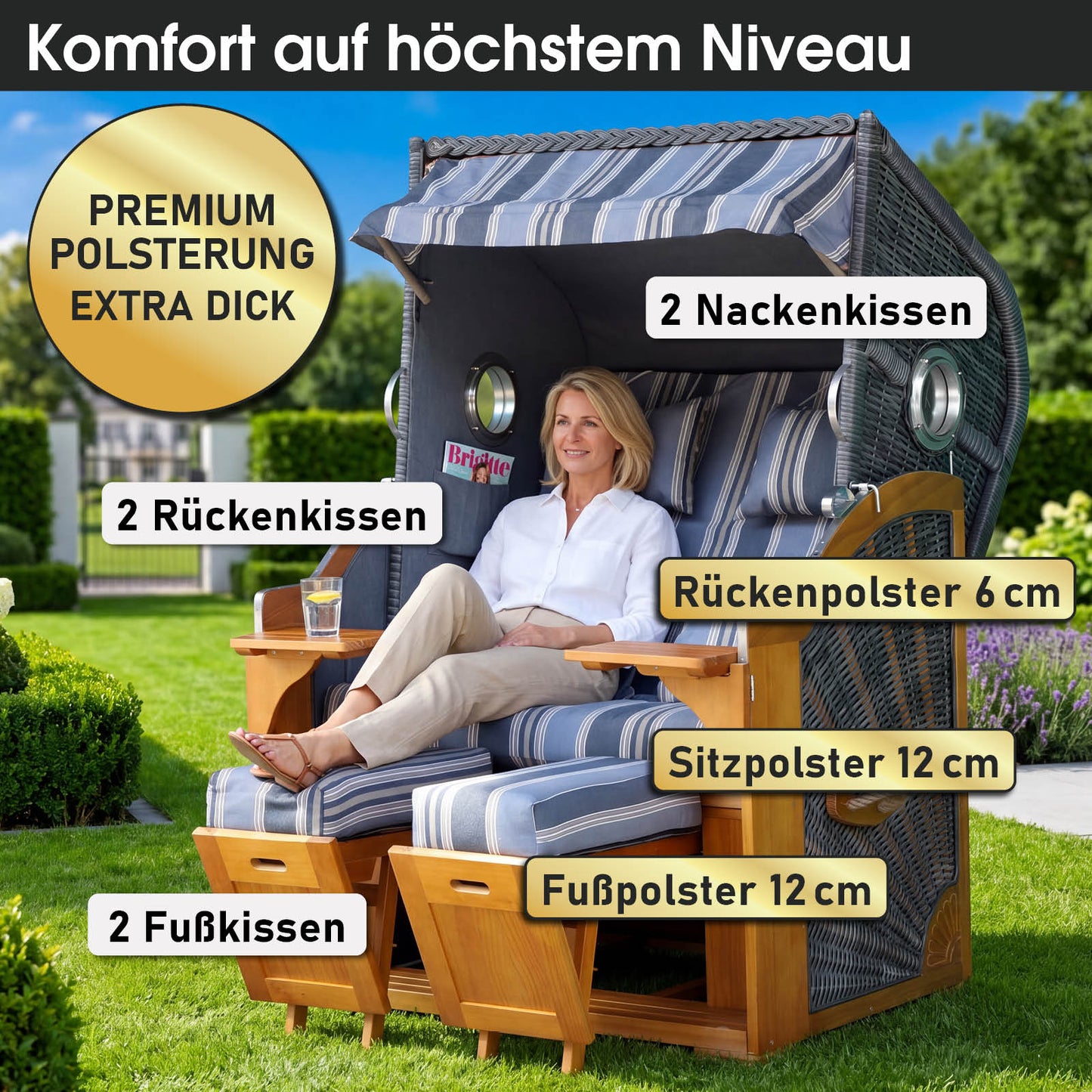 Strandkorb OCEAN VIEW Prestige grau / blau / beige gestreift