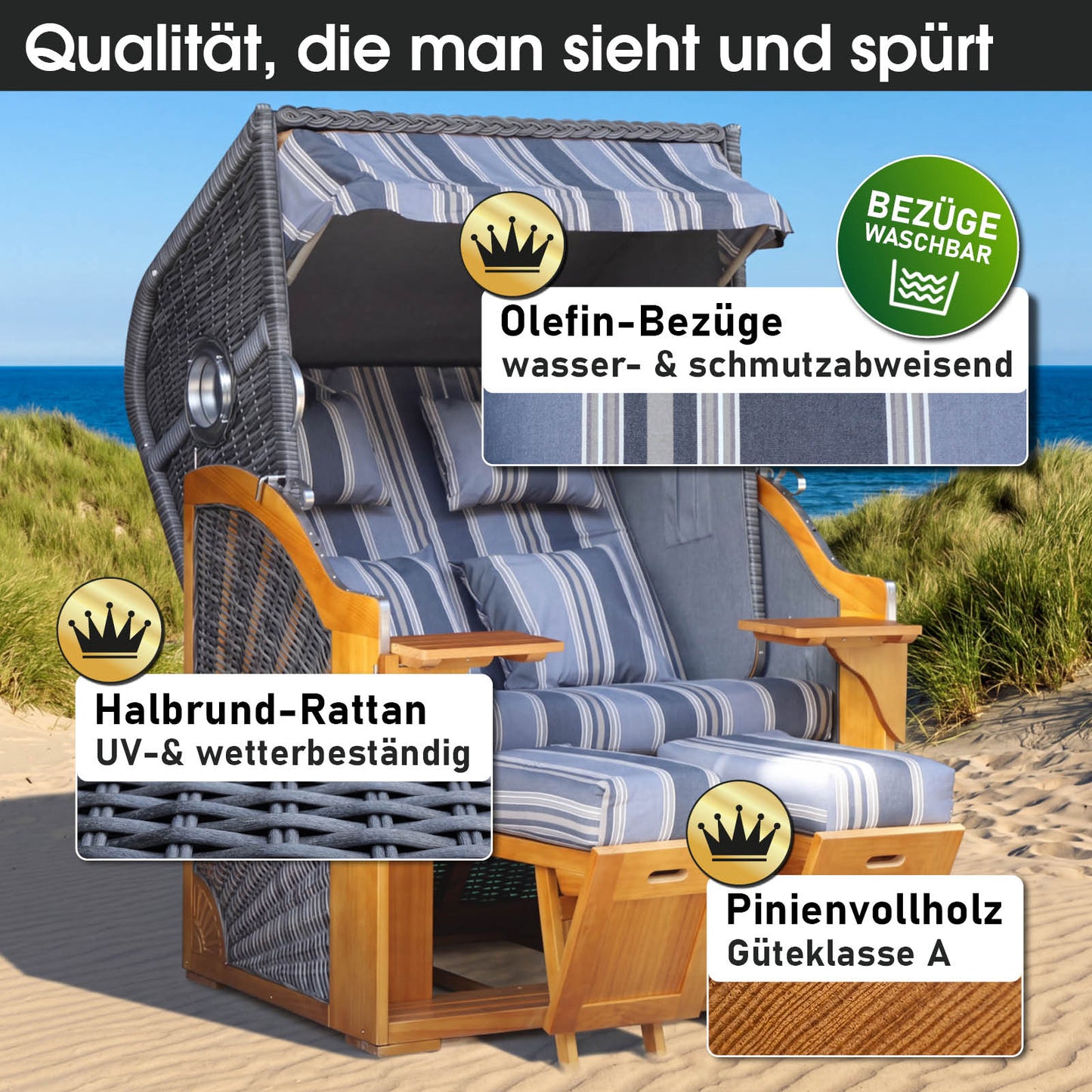 Strandkorb OCEAN VIEW Prestige grau / blau / beige gestreift