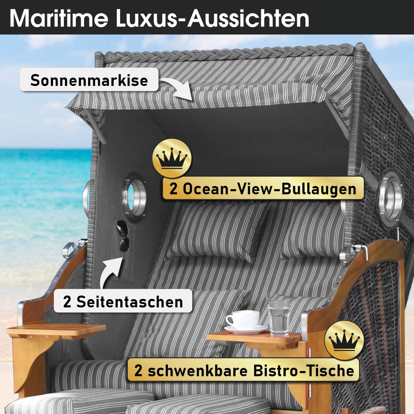 Strandkorb OCEAN VIEW Prestige anthrazit / weiß gestreift