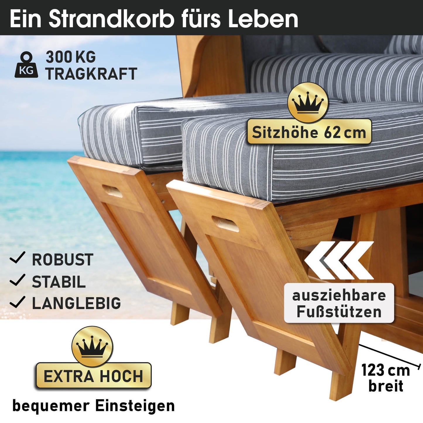 Strandkorb OCEAN VIEW Prestige anthrazit / weiß gestreift