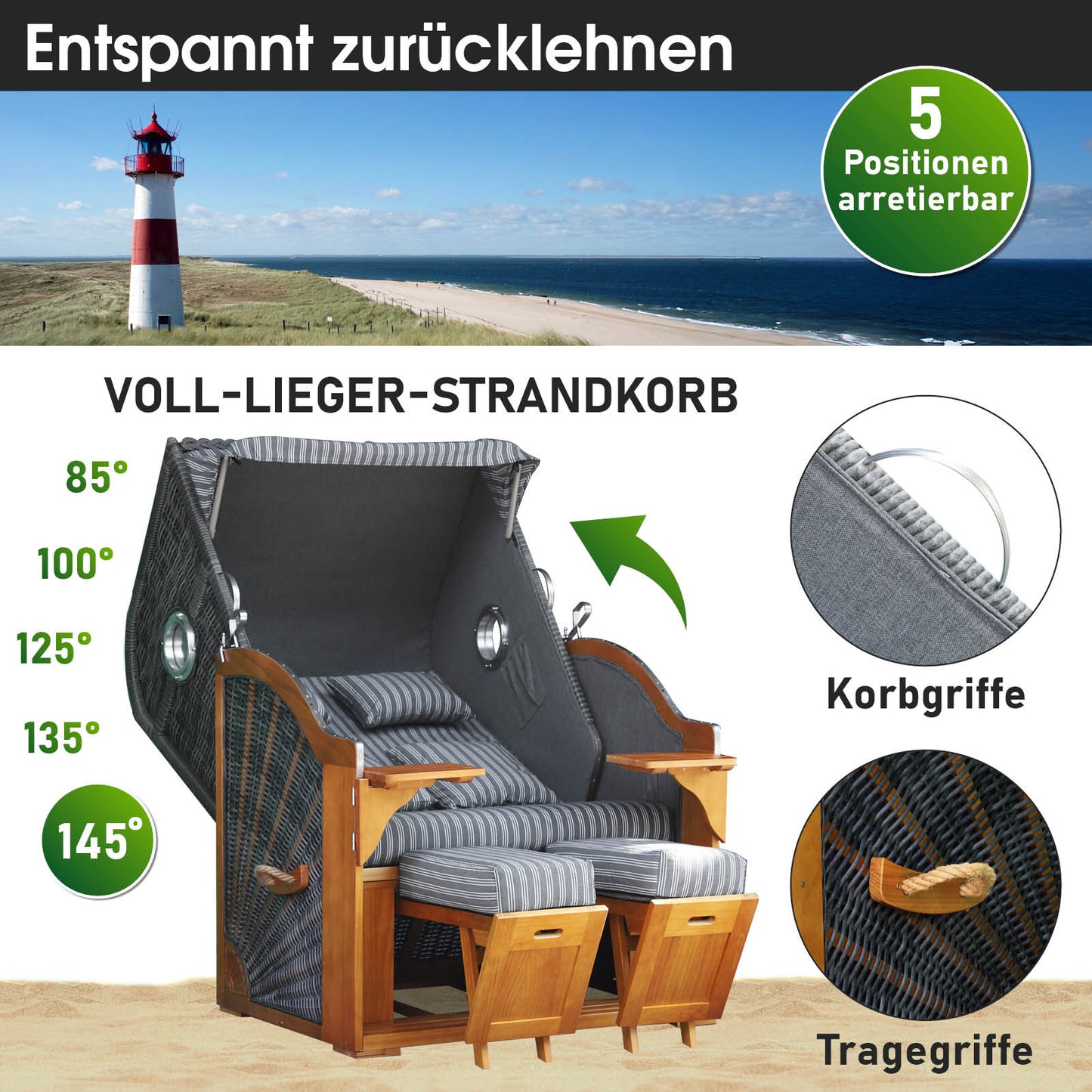 Strandkorb OCEAN VIEW Prestige anthrazit / weiß gestreift