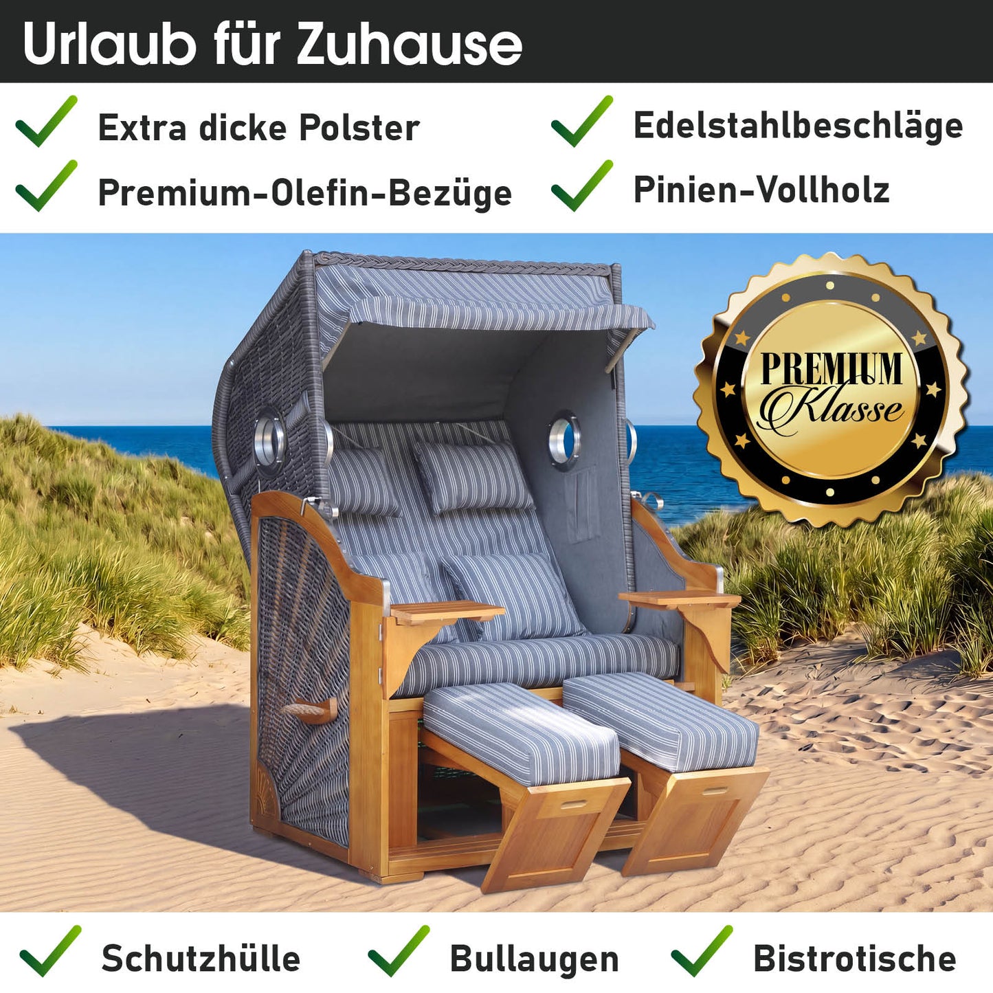 Strandkorb OCEAN VIEW Prestige anthrazit / weiß gestreift