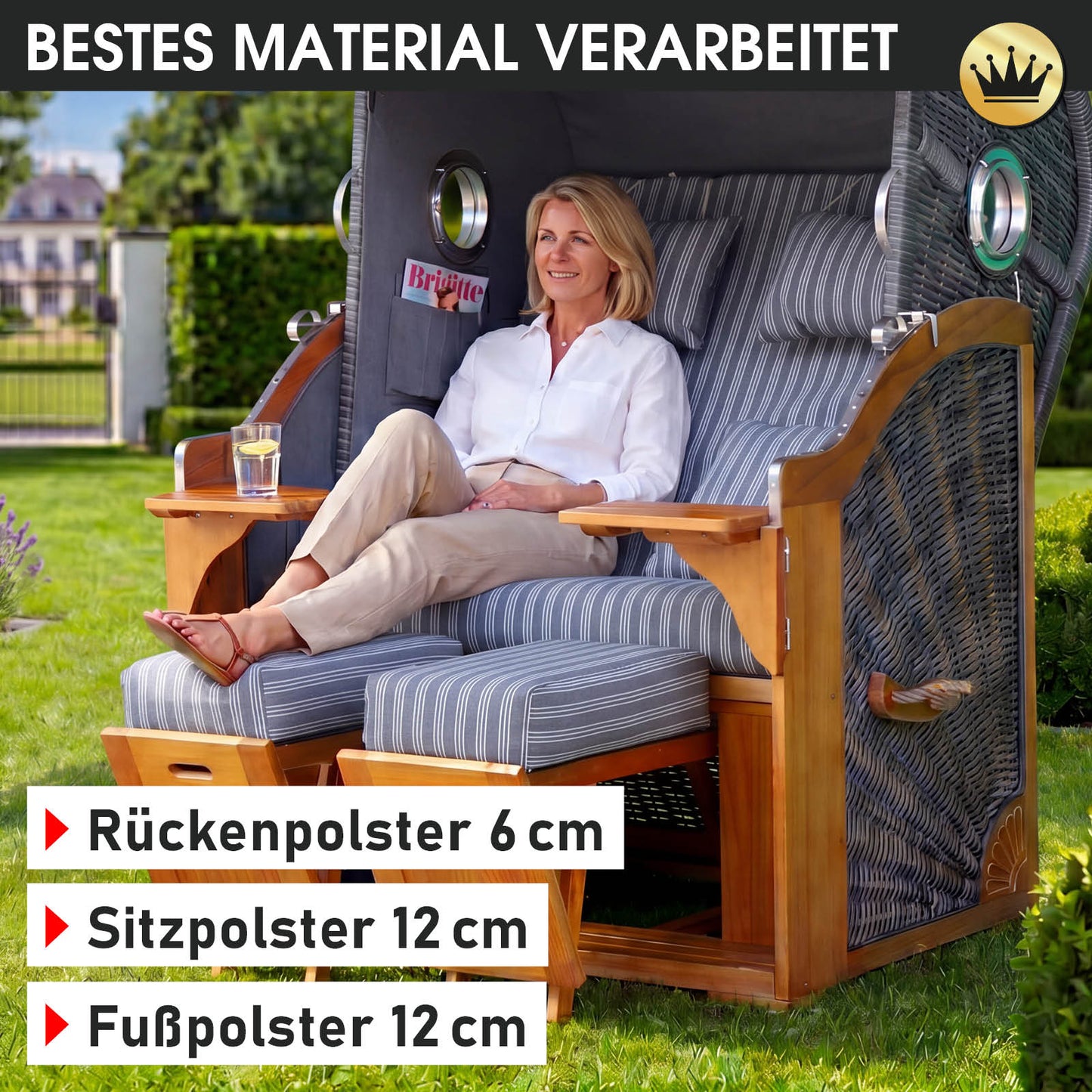 Strandkorb OCEAN VIEW Prestige anthrazit / weiß gestreift