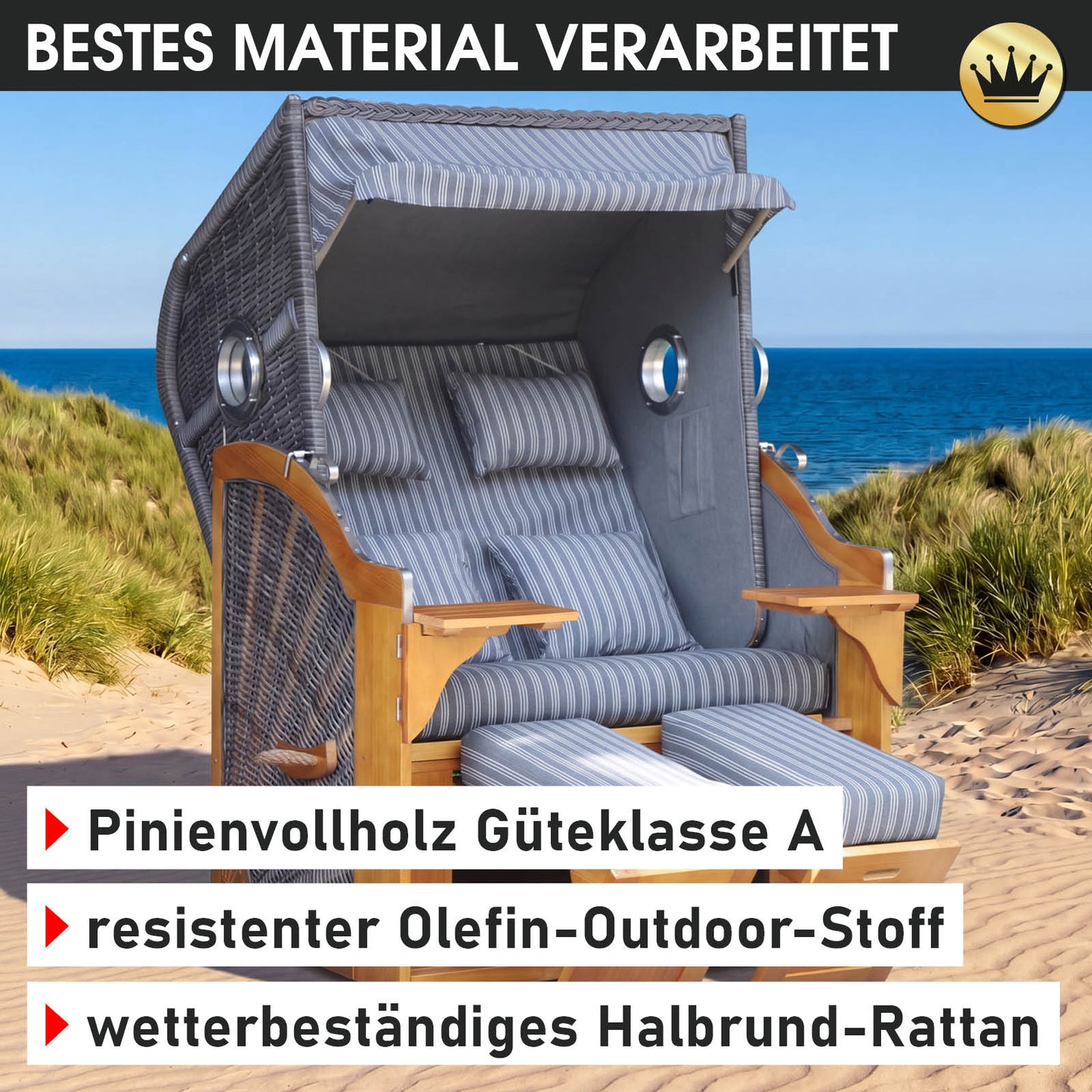 Strandkorb OCEAN VIEW Prestige anthrazit / weiß gestreift