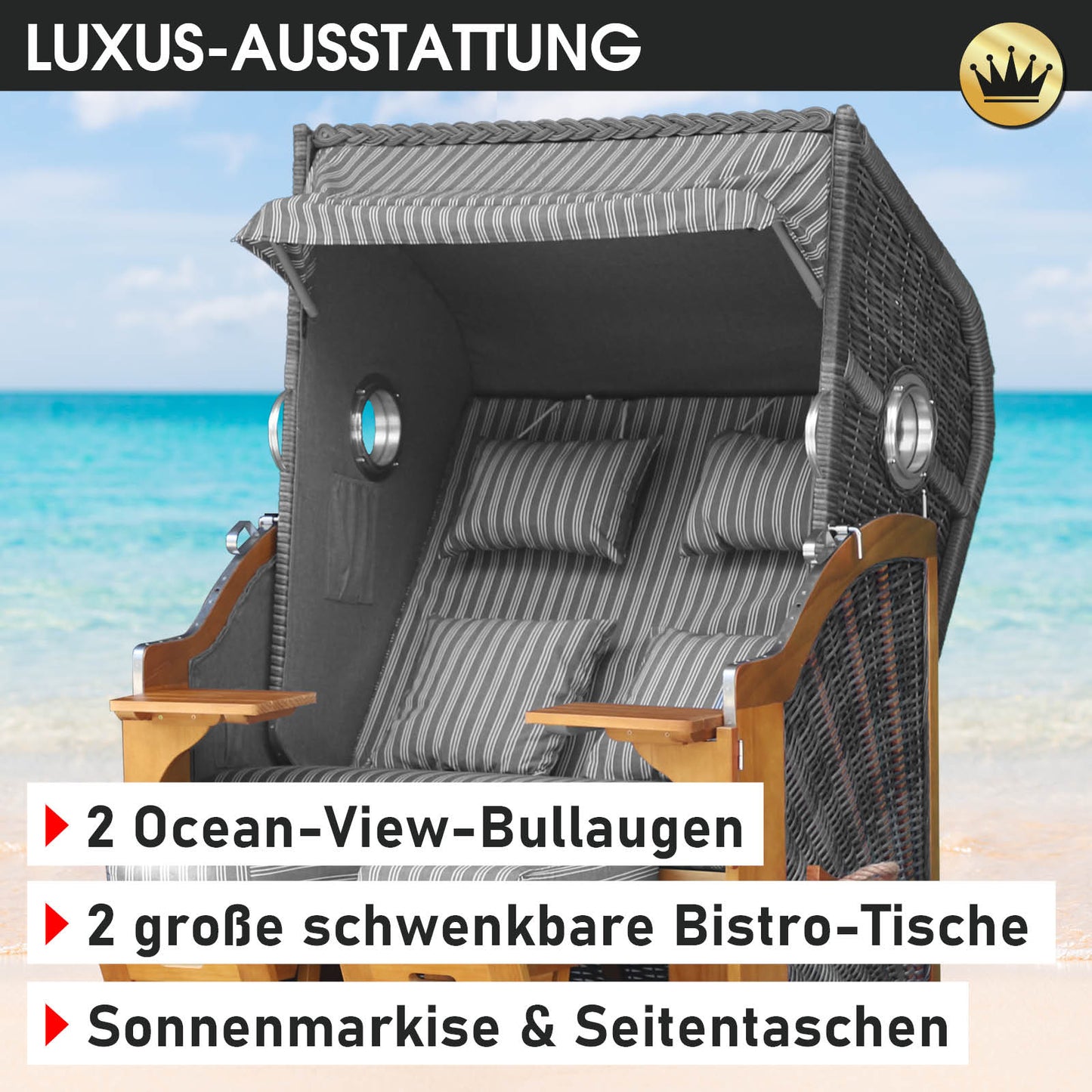 Strandkorb OCEAN VIEW Prestige anthrazit / weiß gestreift