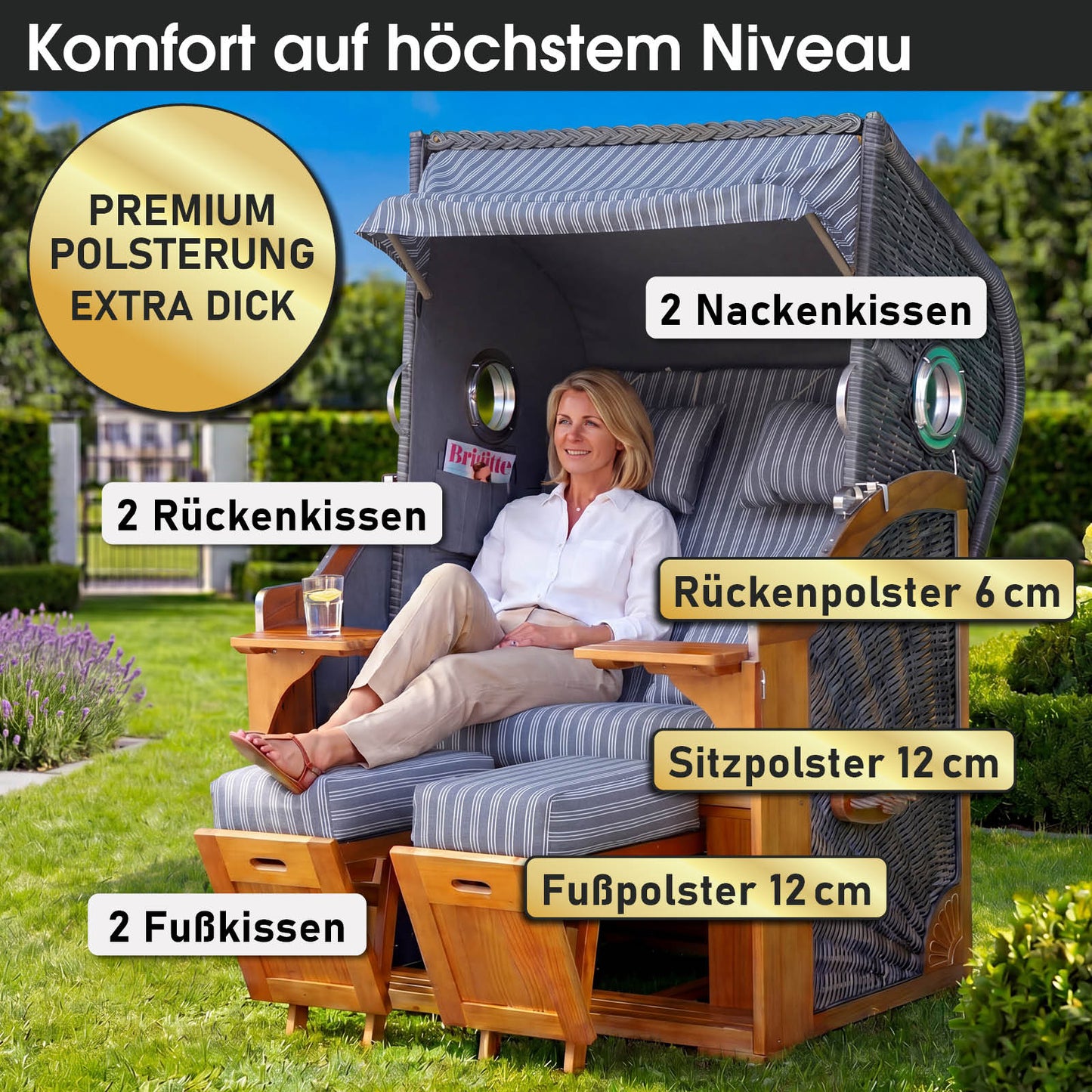 Strandkorb OCEAN VIEW Prestige anthrazit / weiß gestreift