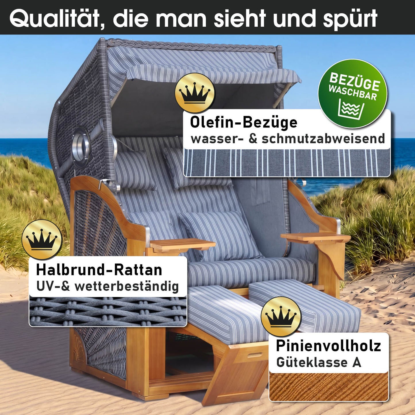 Strandkorb OCEAN VIEW Prestige anthrazit / weiß gestreift