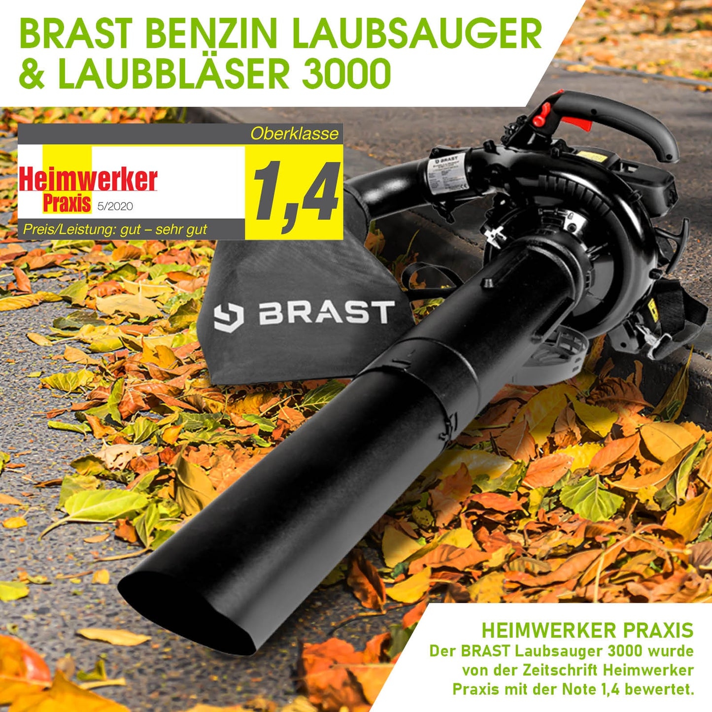 Schwarzer Brast 4in1 Benzin Laubsauger mit Saugrohr und Fangbeutel auf Laub bedecktem Boden.