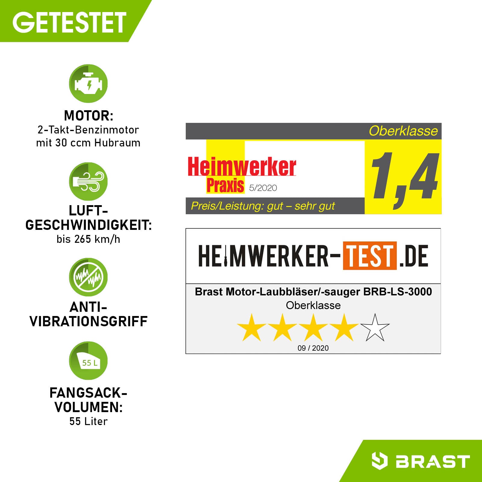 Grüner, weißer und gelber Bewertungstext mit Produktdetails und Testnoten für BRÄST Laubsauger.