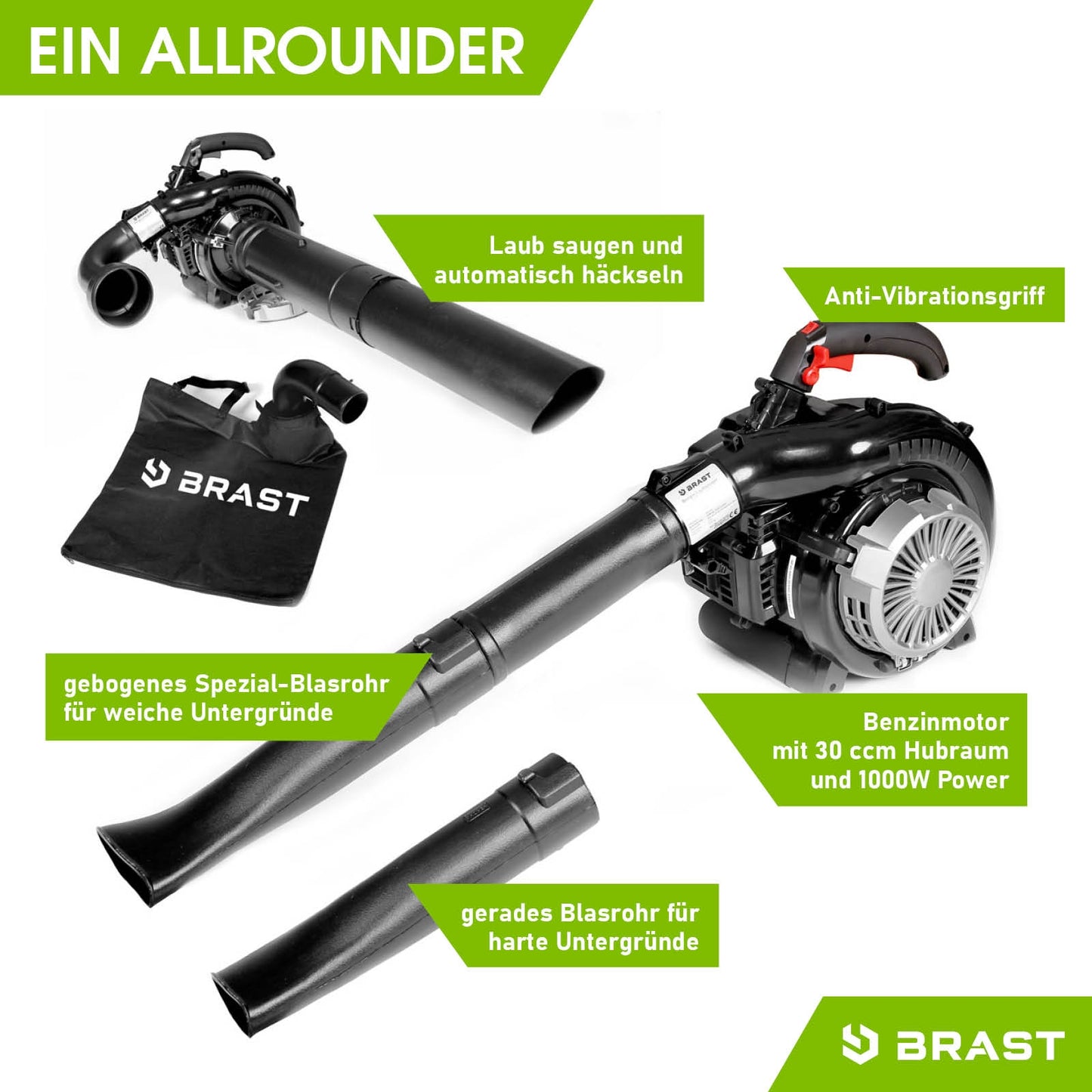 Schwarzer BRAST 4in1 Benzin Laubsauger mit Fangsack, geradem und gebogenem Blasrohr, Anti-Vibrationsgriff, Benzinmotor.