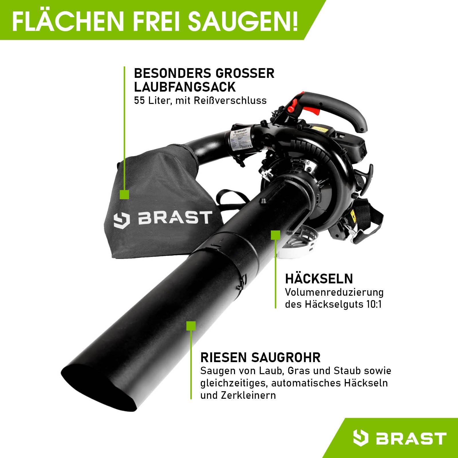 Schwarzer BRAST 4in1 Benzin Laubsauger mit großem Laubsack, Häckslerfunktion und ergonomischem Griff.