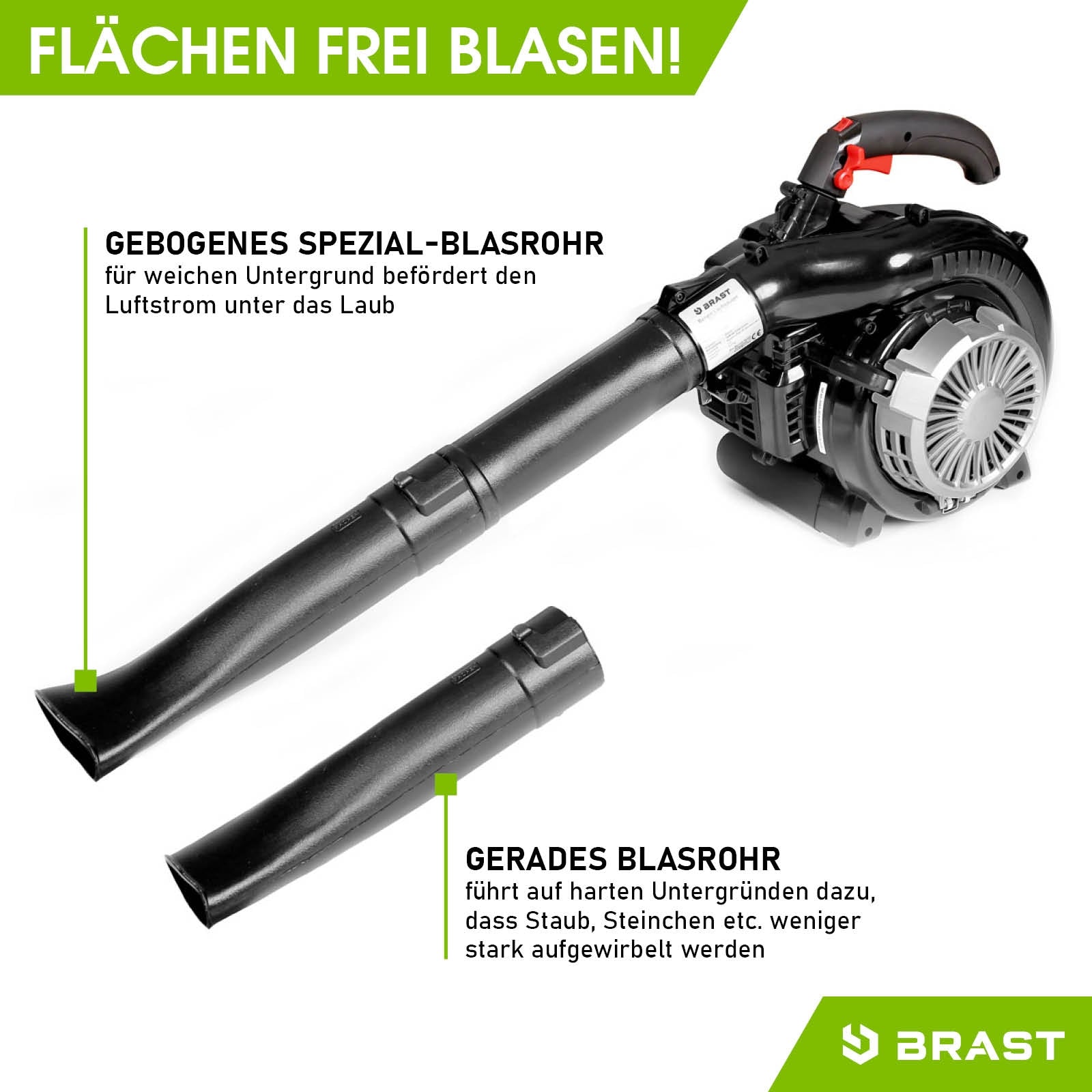 Schwarzer BRÄST 4in1 Benzin-Laubsauger mit gebogenem und geradem Blasrohr, roter Griff.