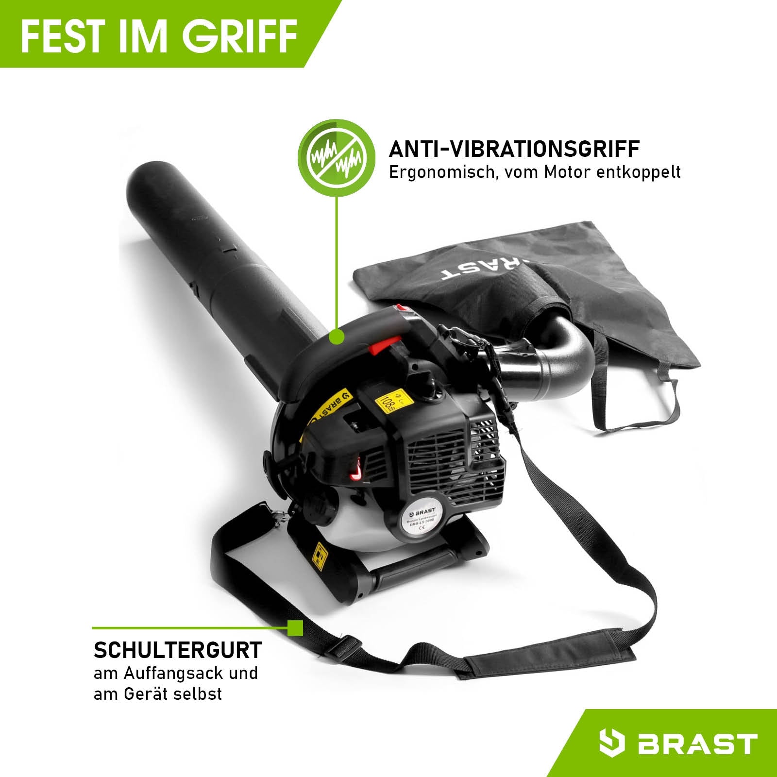 Schwarzer BRAST 4in1 Benzin Laubsauger mit Schultergurt, Anti-Vibrationsgriff und Fangsack.