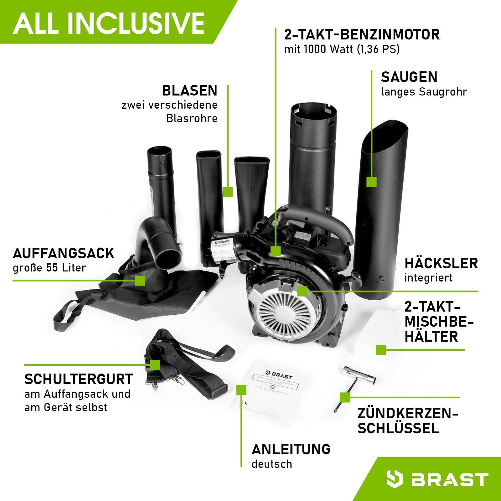 Benzin Laubsauger mit 2-Takt-Motor, großen Auffangsack und langen Saugrohr, Schwarz-Grün.