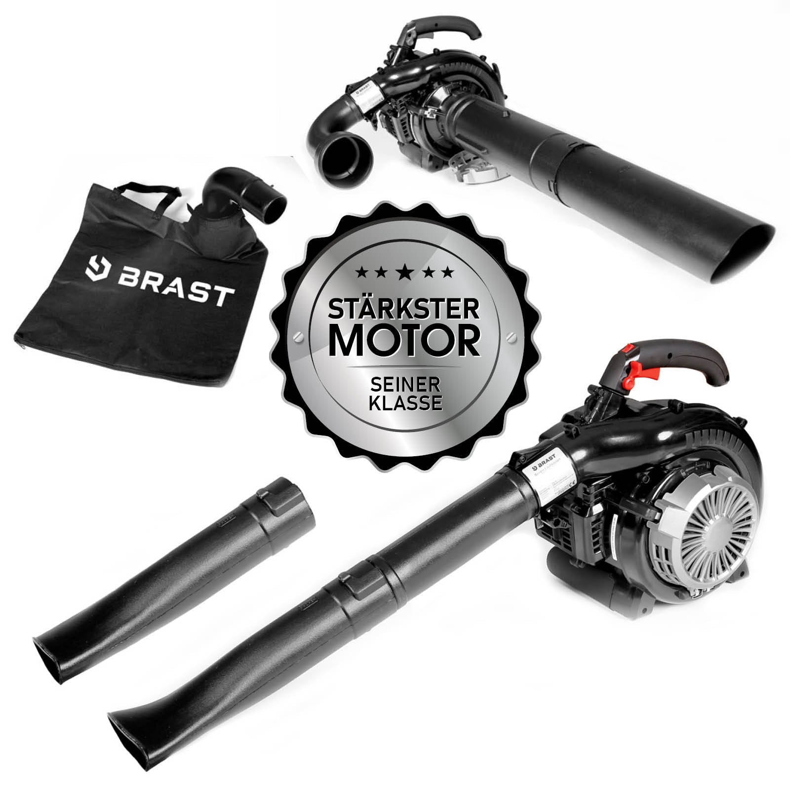 Schwarzer BRAST 4in1 Benzin-Laubsauger mit zwei Rohraufsätzen und Auffangsack, Motor sichtbar.