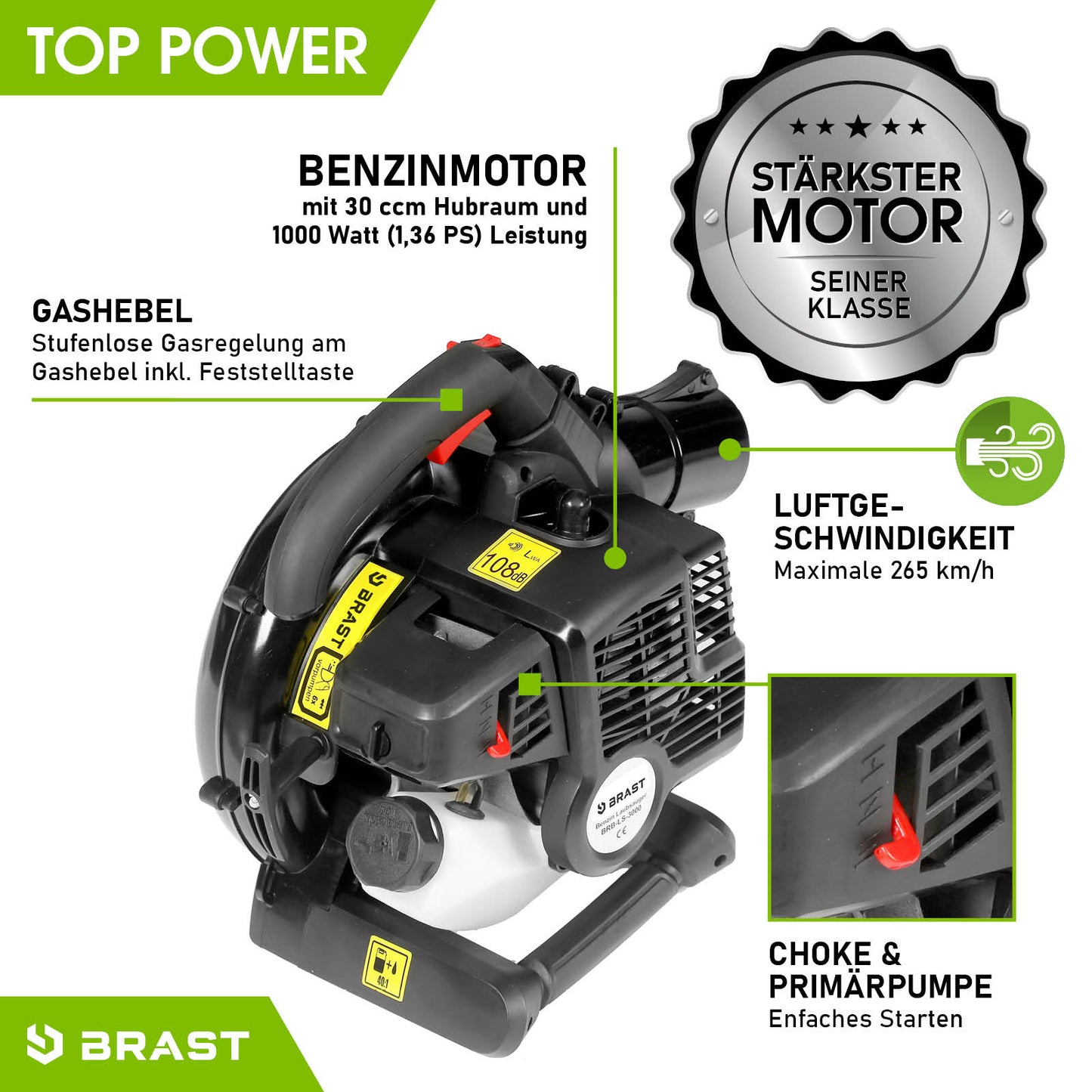 Schwarzer BRAST 4in1 Benzin Laubsauger mit robustem Motor und ergonomischem Handgriff.