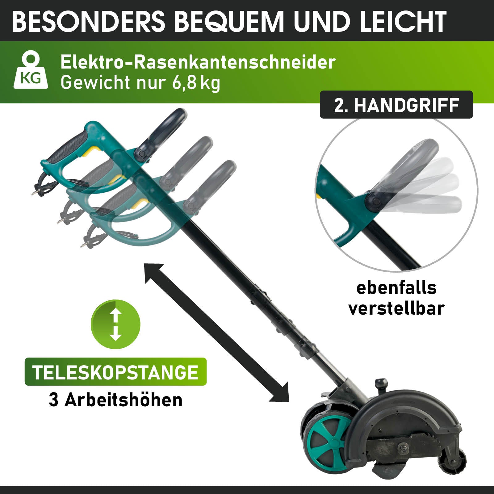 Elektrischer Rasenkantenschneider mit grünem Griff, verstellbarem Zweithandgriff und Teleskopstange.