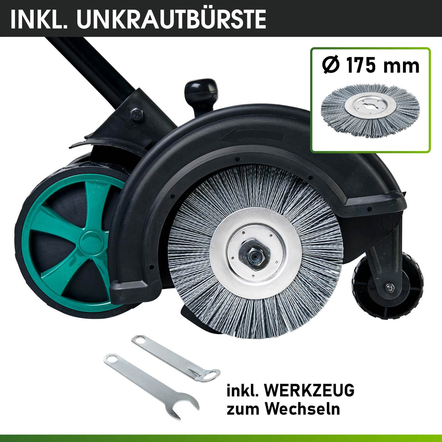 Elektrischer Rasenkantenschneider mit Unkrautbürste, grün-schwarzes Gehäuse, Werkzeug inklusive.