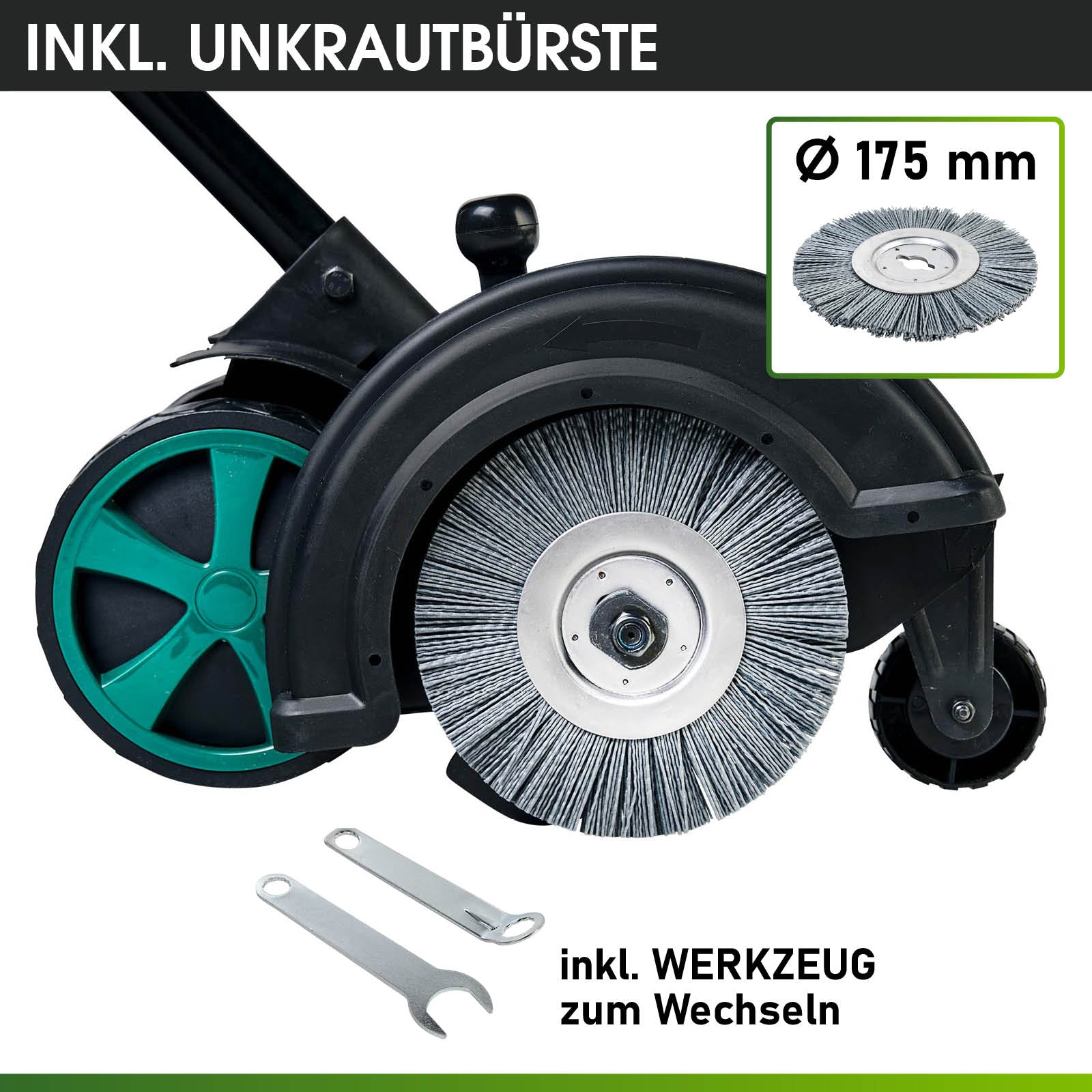 Elektrischer Rasenkantenschneider mit Unkrautbürste, grün-schwarzes Gehäuse, Werkzeug inklusive.