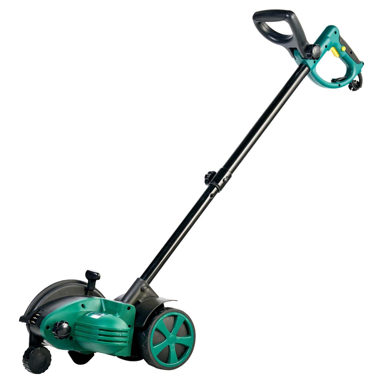 Grüner elektrischer Rasenkantenschneider mit schwarzem Stiel und zwei grünen Rädern.