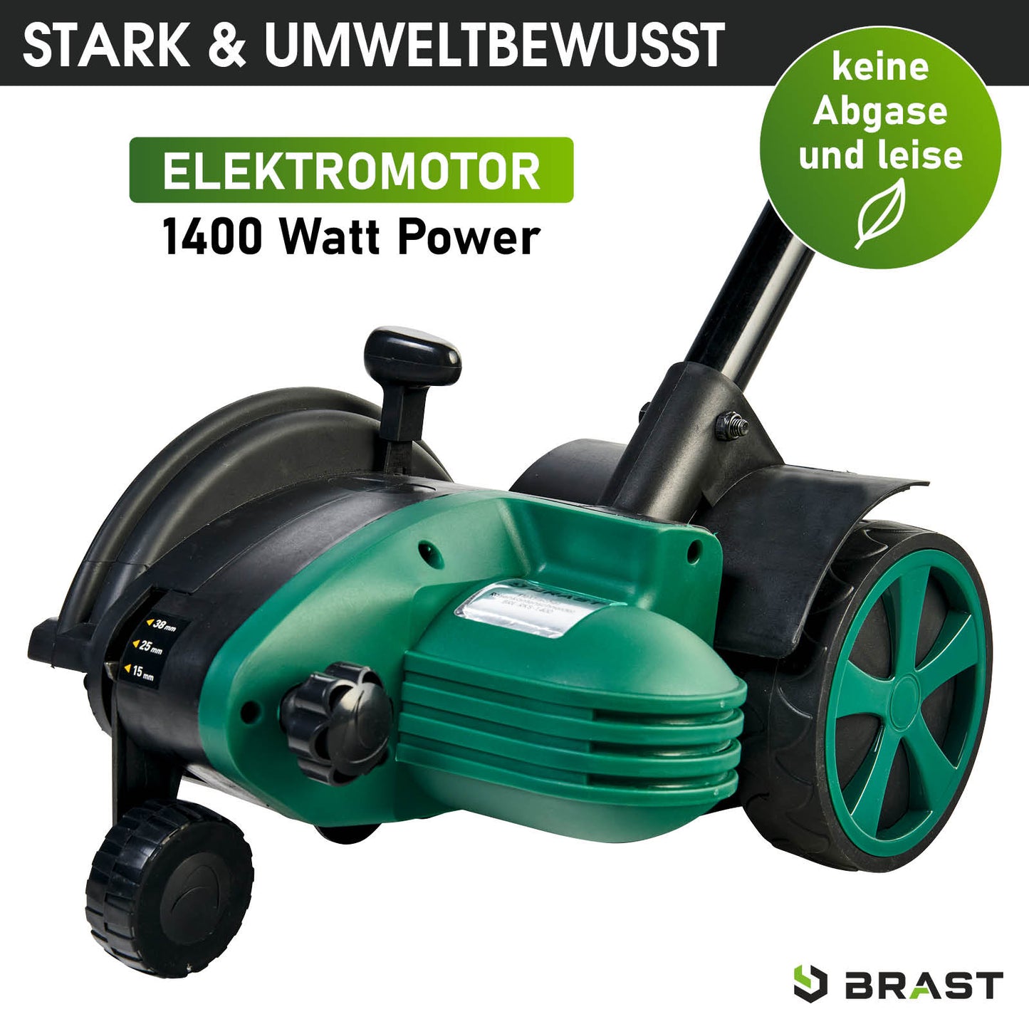Grüner elektrischer Rasenkantenschneider mit Elektromotor und zwei Rädern, kompaktes Design.
