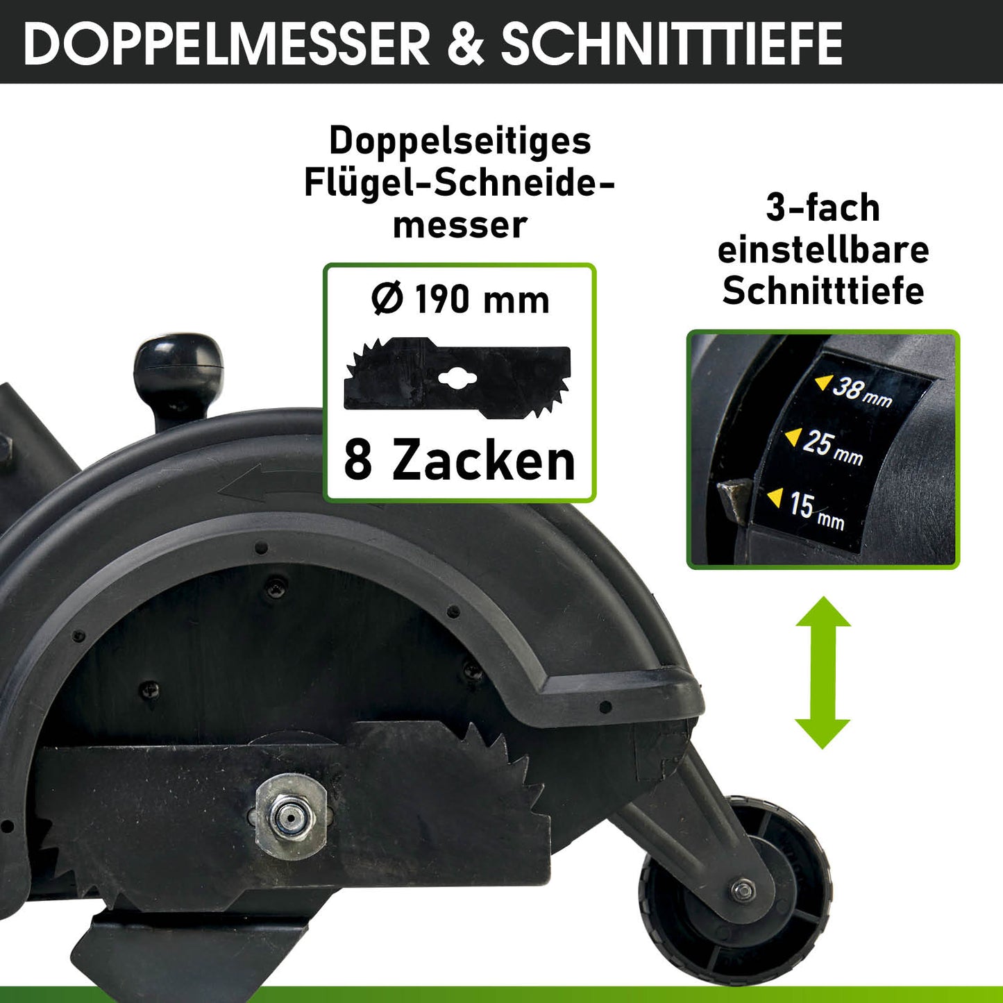 Schwarzer Rasenkantenschneider mit doppelseitigem 8-Zacken-Flügelmesser und einstellbarer Schnittiefe auf schwarzem Rad.