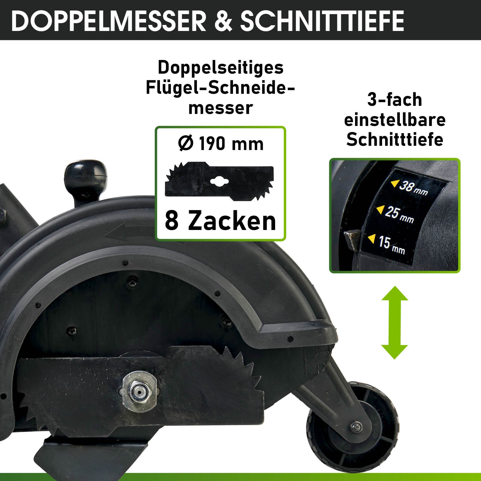 Schwarzer Rasenkantenschneider mit doppelseitigem 8-Zacken-Flügelmesser und einstellbarer Schnittiefe auf schwarzem Rad.