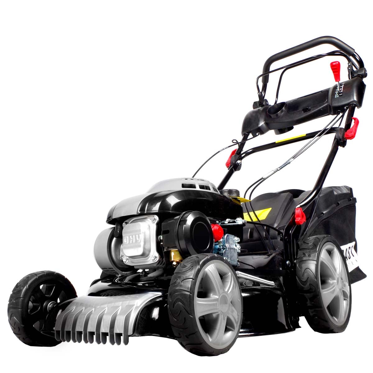 Schwarzer BRAST Benzinrasenmäher mit großem Fangkorb, Mulchfunktion und Antriebsrädern.