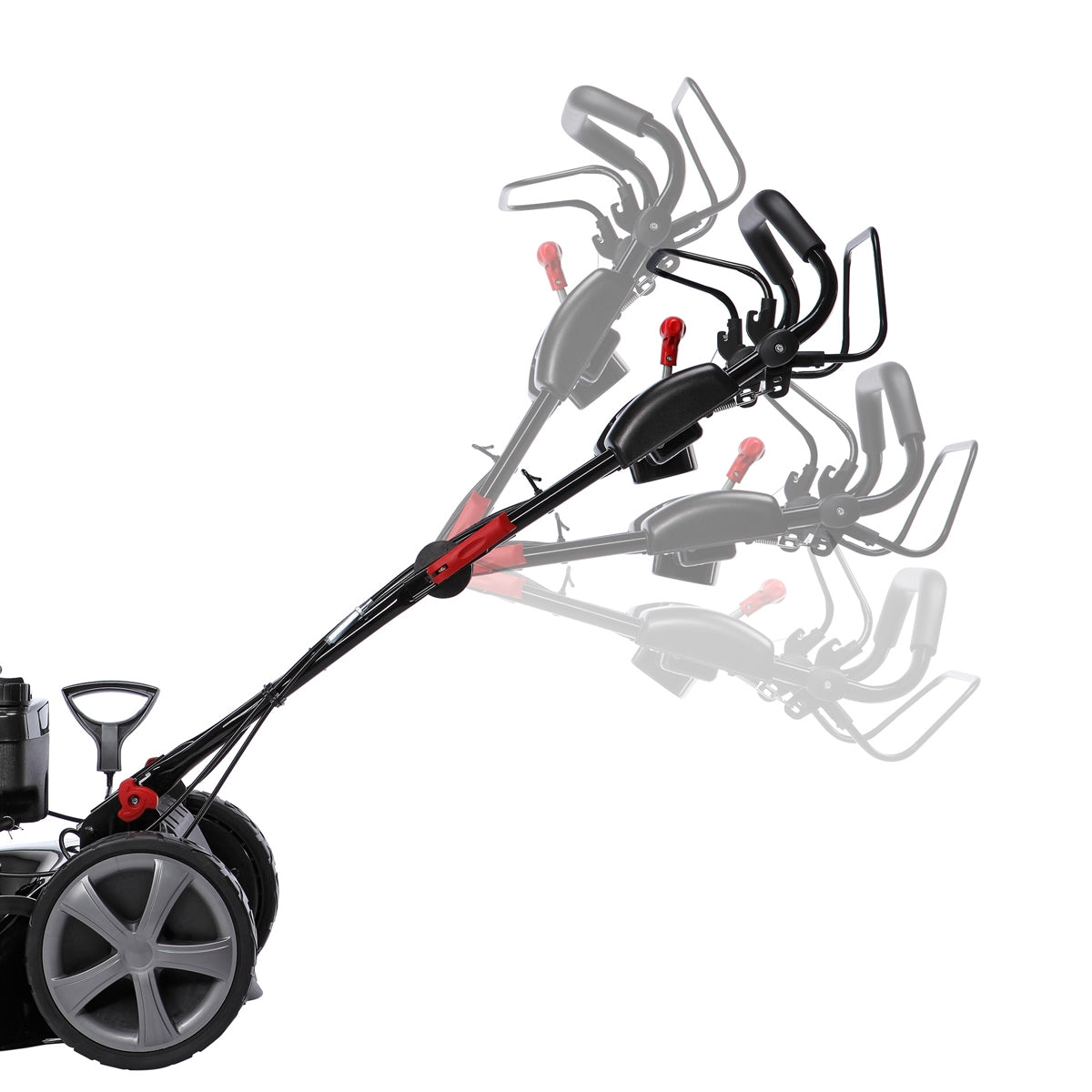 Schwarzer BRAST Benzinrasenmäher mit großen grauen Rädern und verstellbarem Führungsholm in mehreren Positionen.