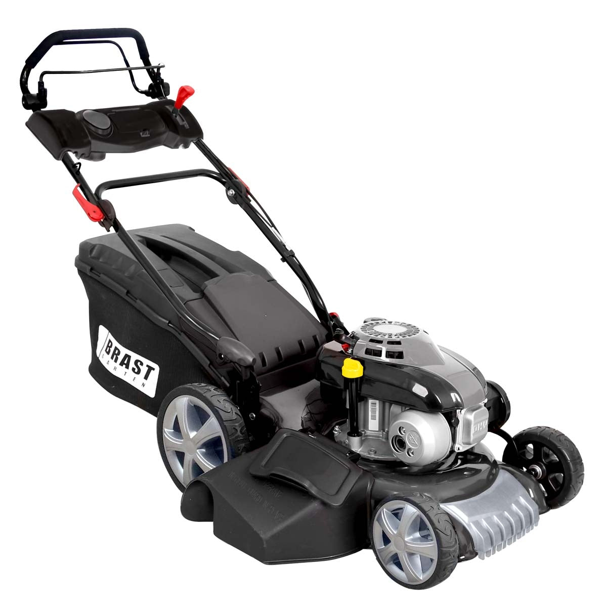 Schwarzer Benzin-Rasenmäher mit 18 Zoll Schnittbreite, großem Fangkorb und Mulchfunktion.