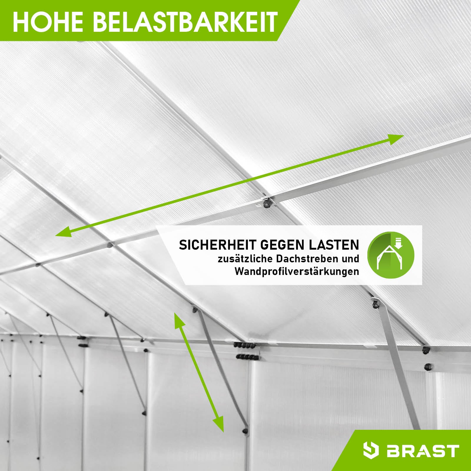 Innenansicht Aluminium Gewächshaus mit verstärktem Dach und Wandprofilen, begehbares Gewächshaus mit Fundament, windsicheres .