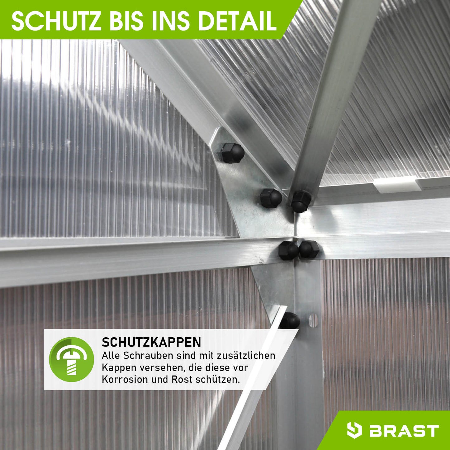 Aluminium Gewächshaus Detailaufnahme mit stabilen Schraubverbindungen, begehbares Gewächshaus mit Fundament und windsicherer .