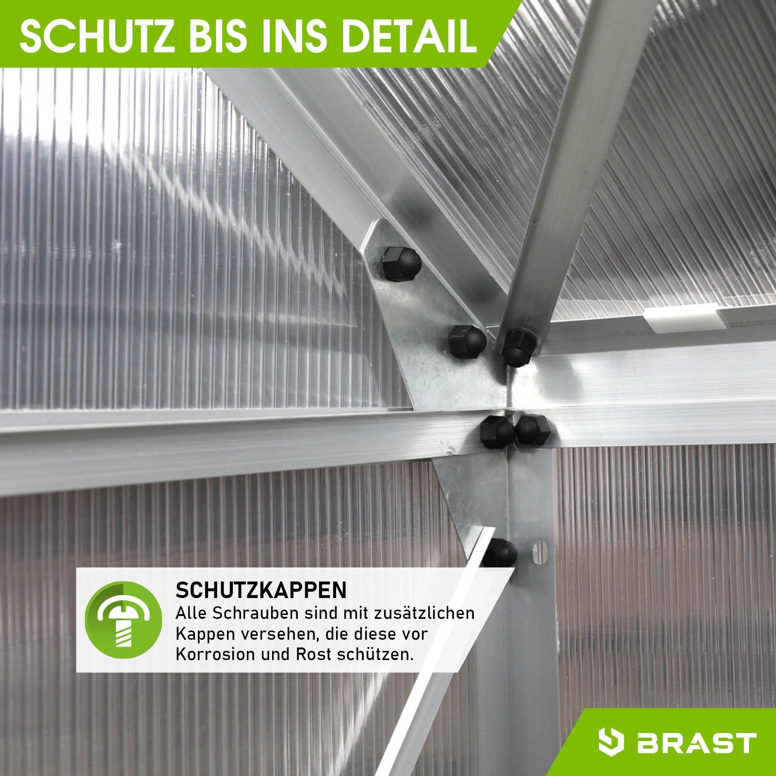 Aluminium Gewächshaus Detailaufnahme mit stabilen Schraubverbindungen, begehbares Gewächshaus mit Fundament und windsicherer .