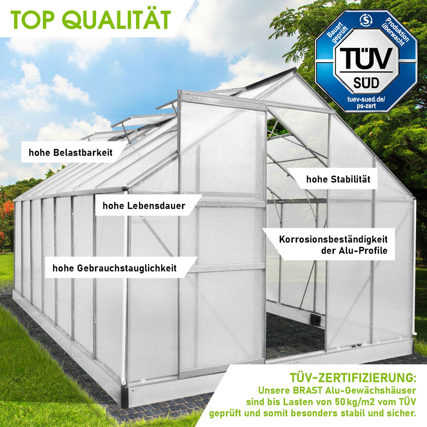 Aluminium Gewächshaus 430x250x205 mit Fundament, begehbar, windsicher und korrosionsbeständig für Garten.
