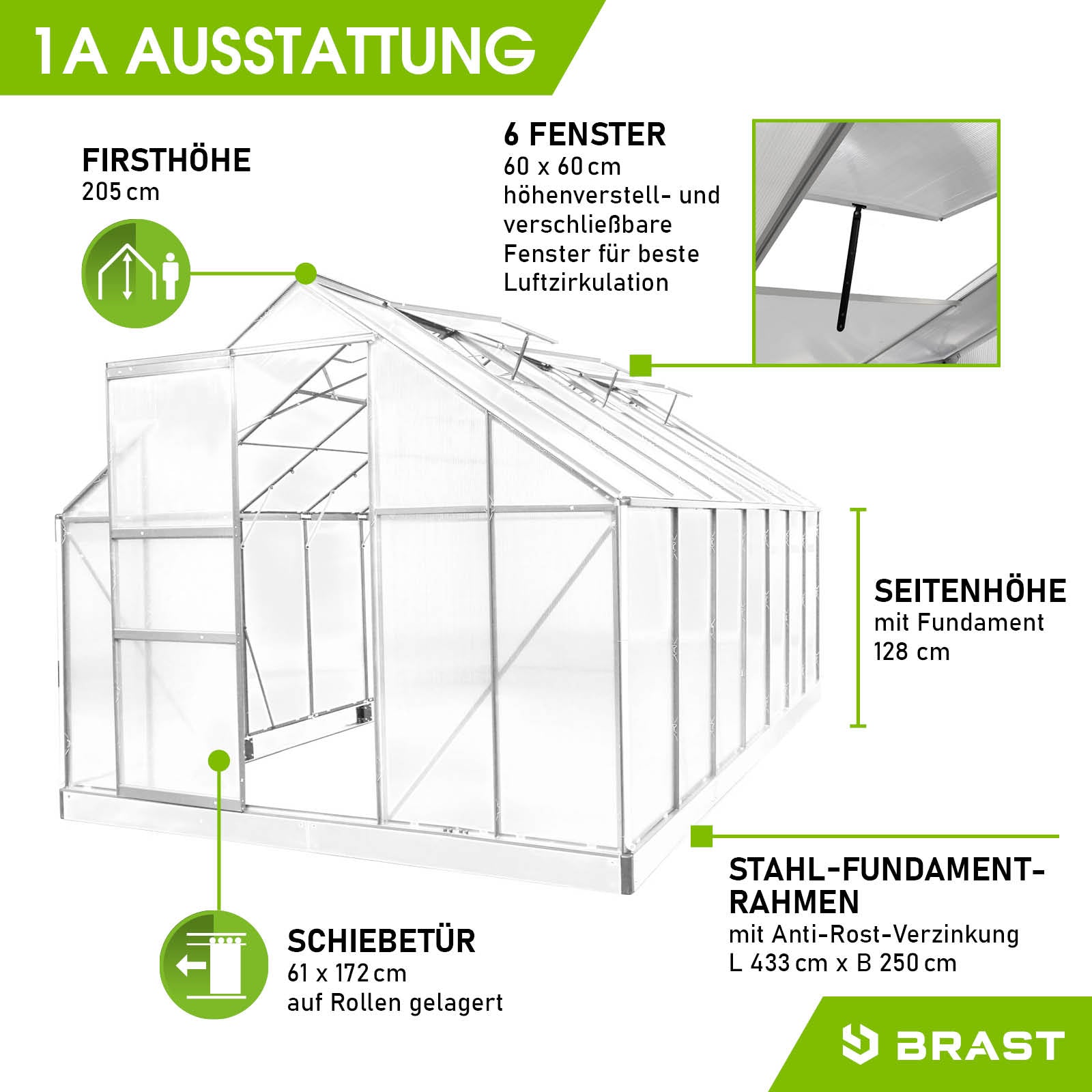 Aluminium Gewächshaus Treibhaus 430x250x205 mit 6 Fenstern, Schiebetür und windfestem Fundamentrahmen, begehbares.