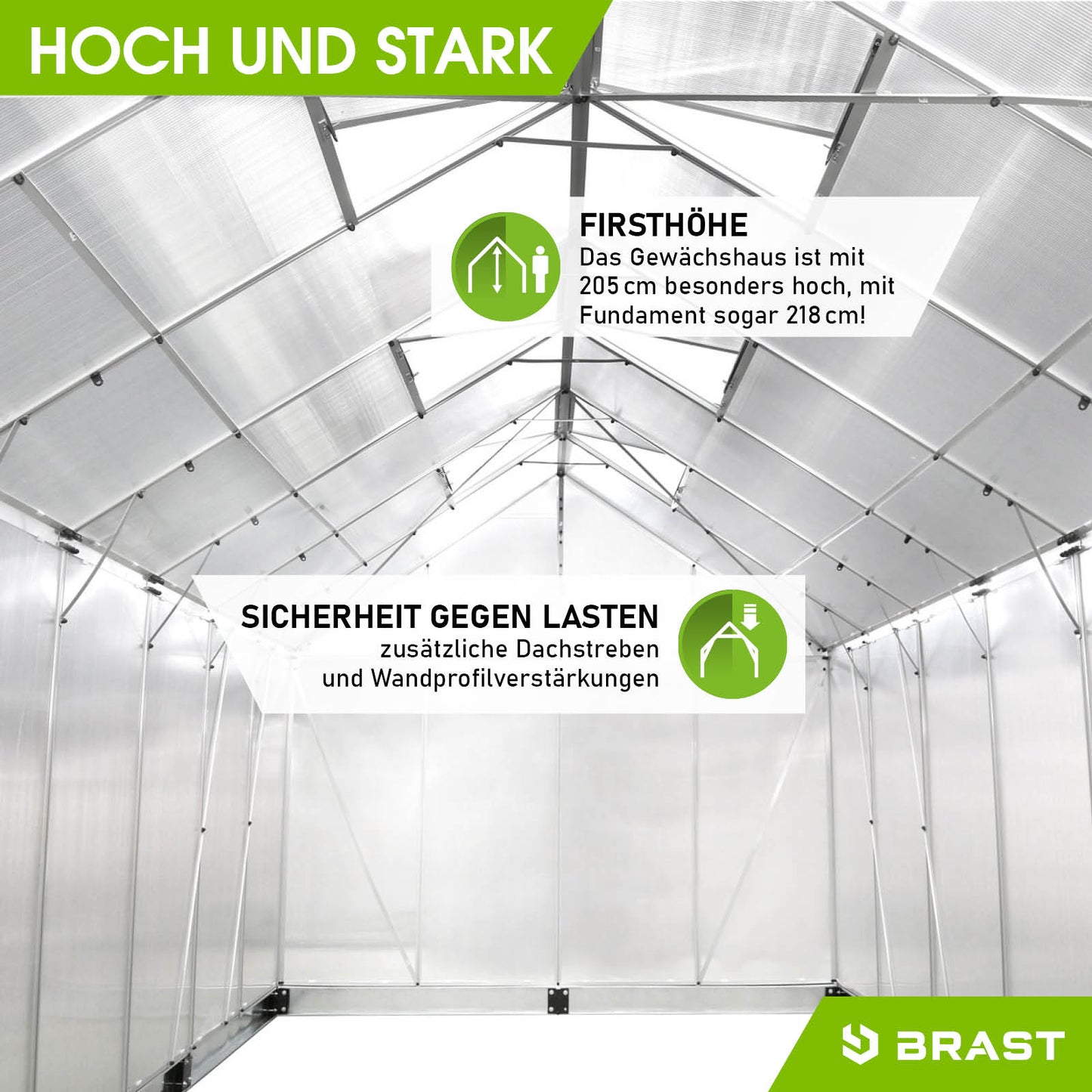 Aluminium Gewächshaus 430x250x205 mit begehbarem Innenraum und stabilem Fundament für Garten und windsicheren Schutz.