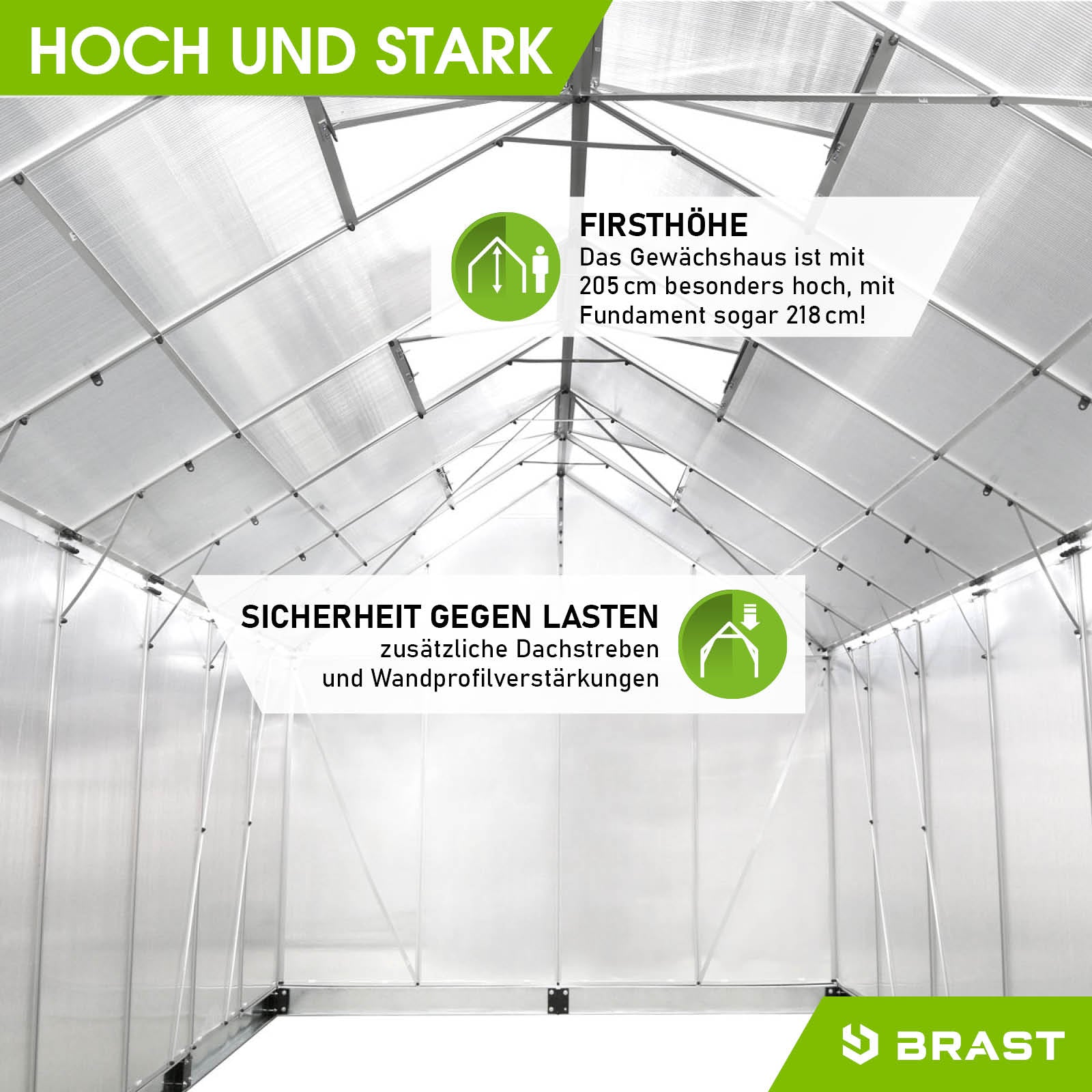 Aluminium Gewächshaus 430x250x205 mit begehbarem Innenraum und stabilem Fundament für Garten und windsicheren Schutz.