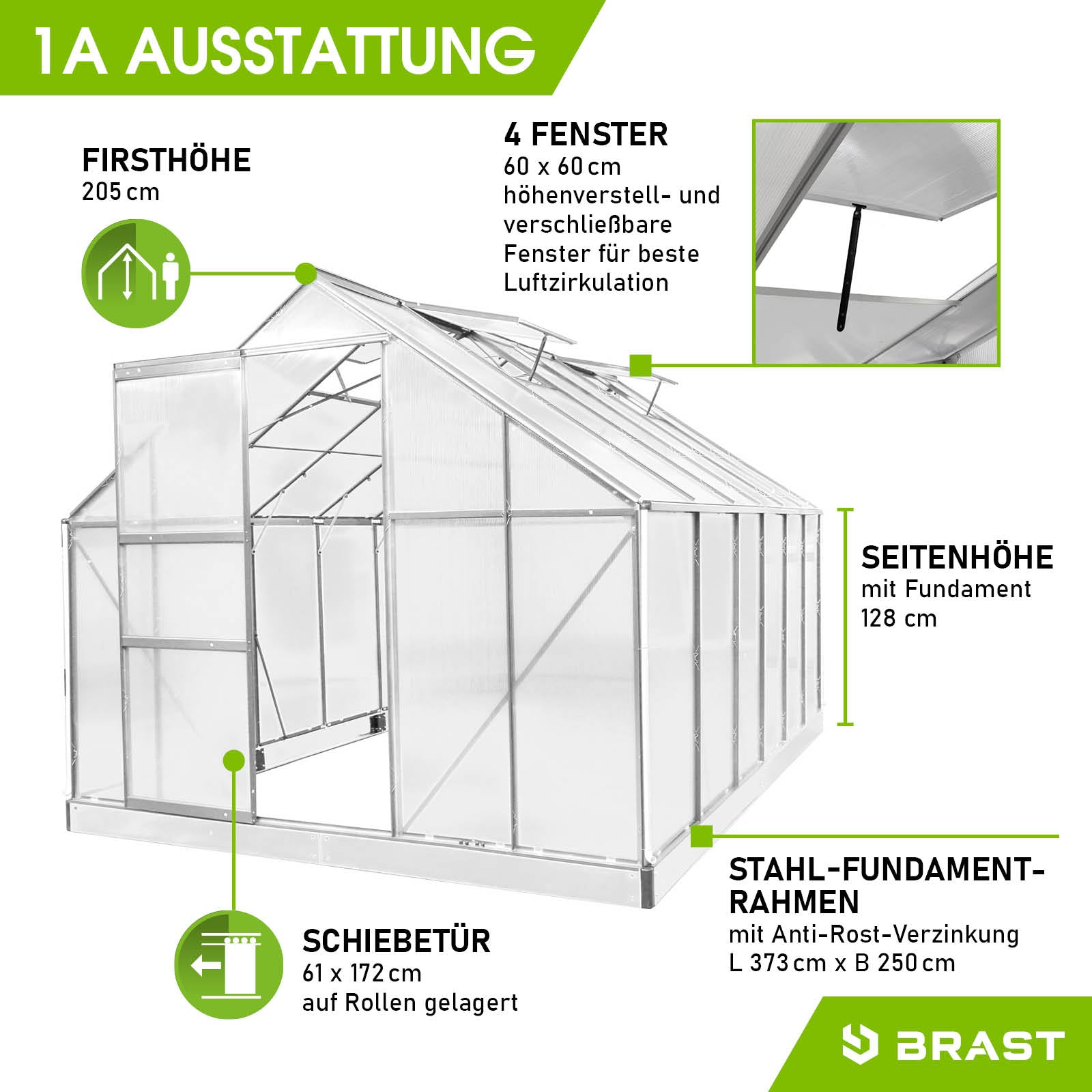 Aluminium Gewächshaus treibhaus mit Stahl-Fundamentrahmen, vier Fenstern und Schiebetür, begehbares Gewächshaus für Garten,.