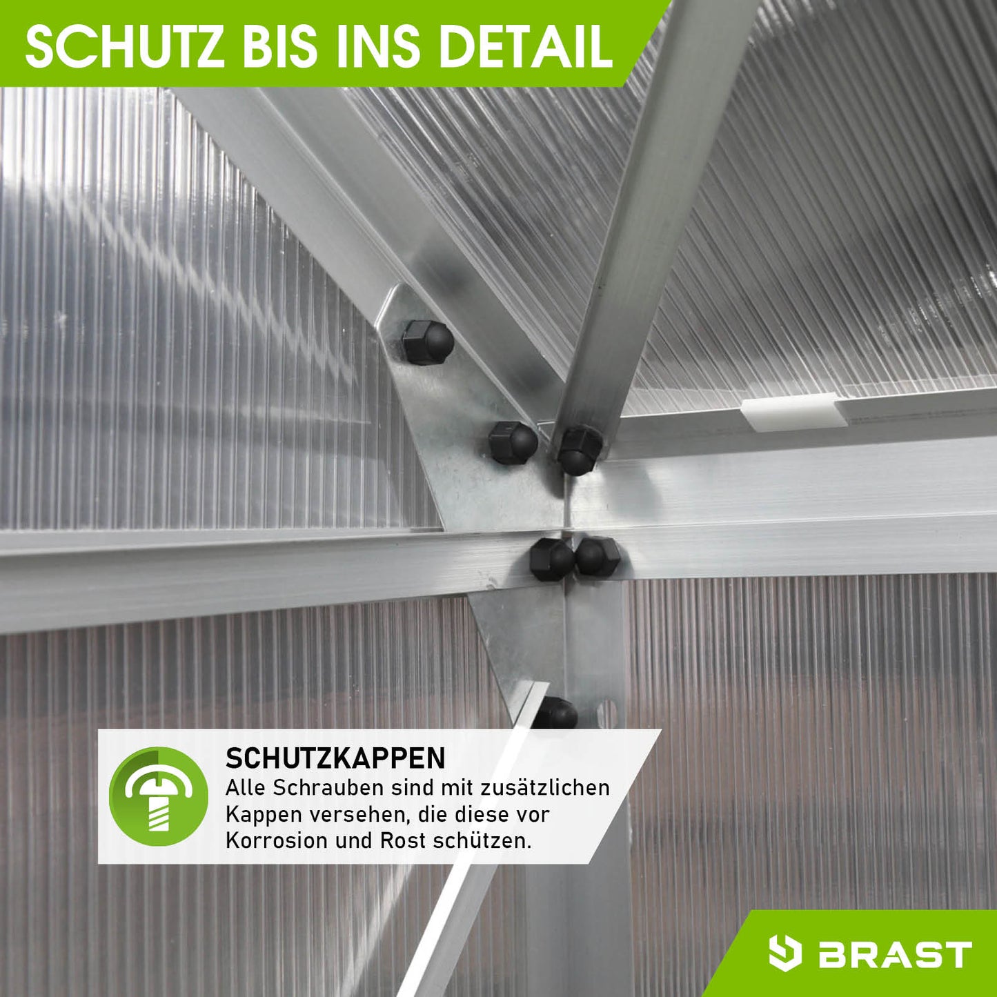 Detailaufnahme Aluminium Gewächshaus mit stabilen Schutzkappen, begehbares Gewächshaus Treibhaus für Garten, windsicher mit.