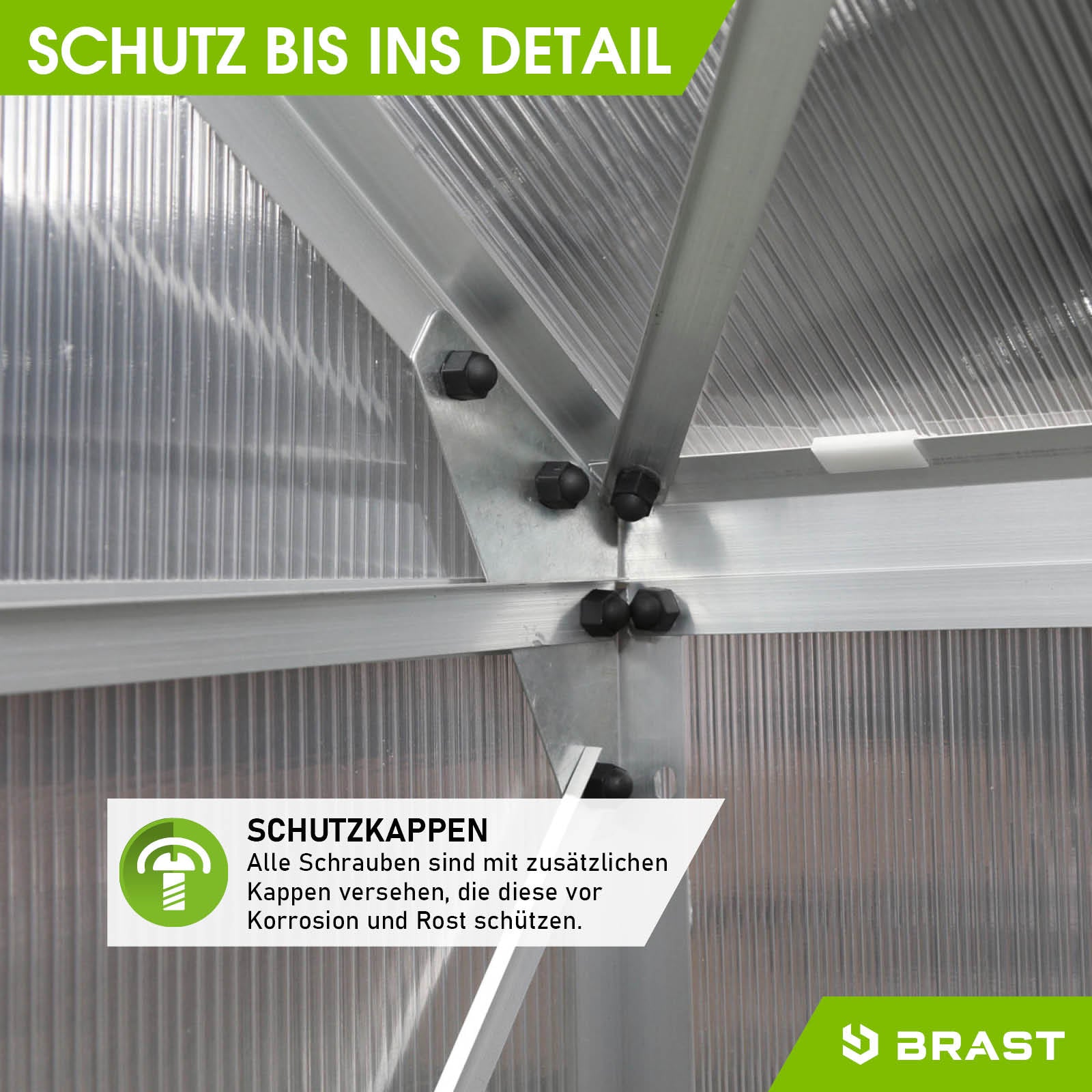Detailaufnahme Aluminium Gewächshaus mit stabilen Schutzkappen, begehbares Gewächshaus Treibhaus für Garten, windsicher mit.