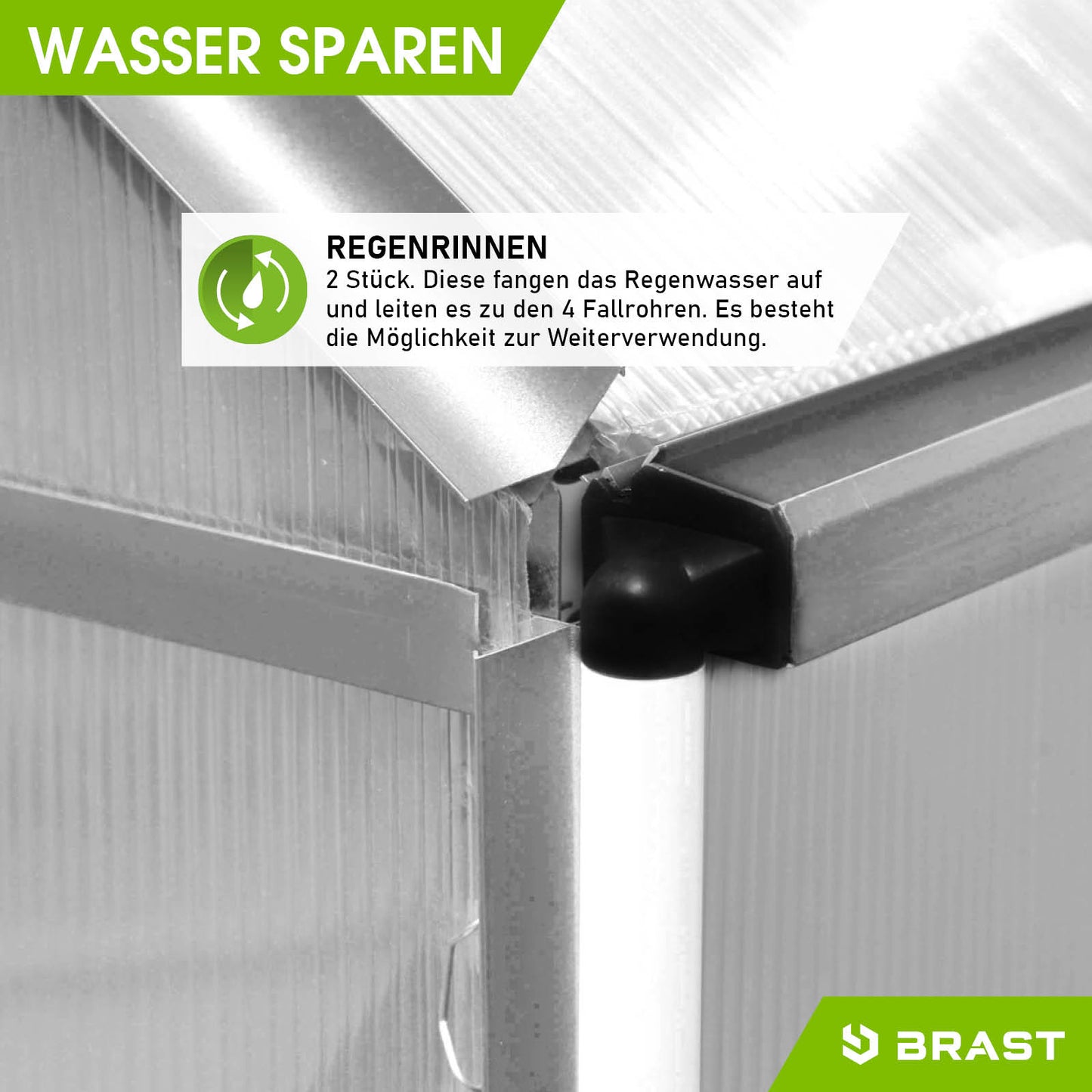 Eckdetail Aluminium Gewächshaus mit wassersparender Regenrinne und stabilem Fundament, begehbares Gewächshaus für Garten,.