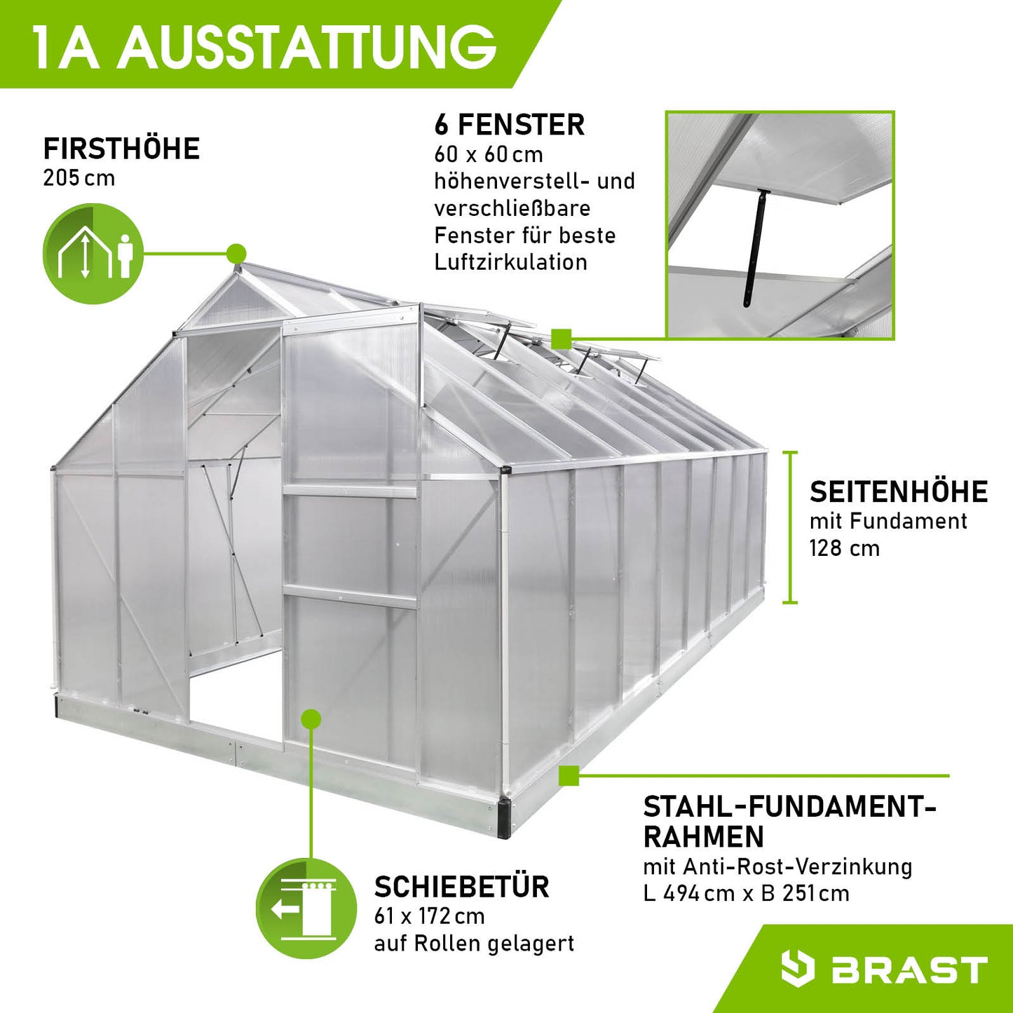 Windsicheres Aluminium Gewächshaus 490x250x205 cm mit Stahl-Fundamentrahmen und sechs verstellbaren Fenstern, begehbares.