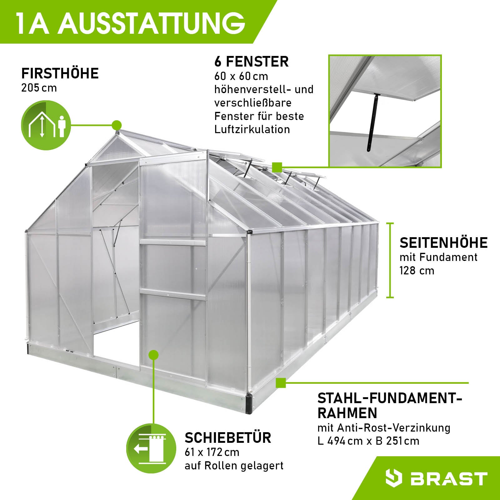 Windsicheres Aluminium Gewächshaus 490x250x205 cm mit Stahl-Fundamentrahmen und sechs verstellbaren Fenstern, begehbares.