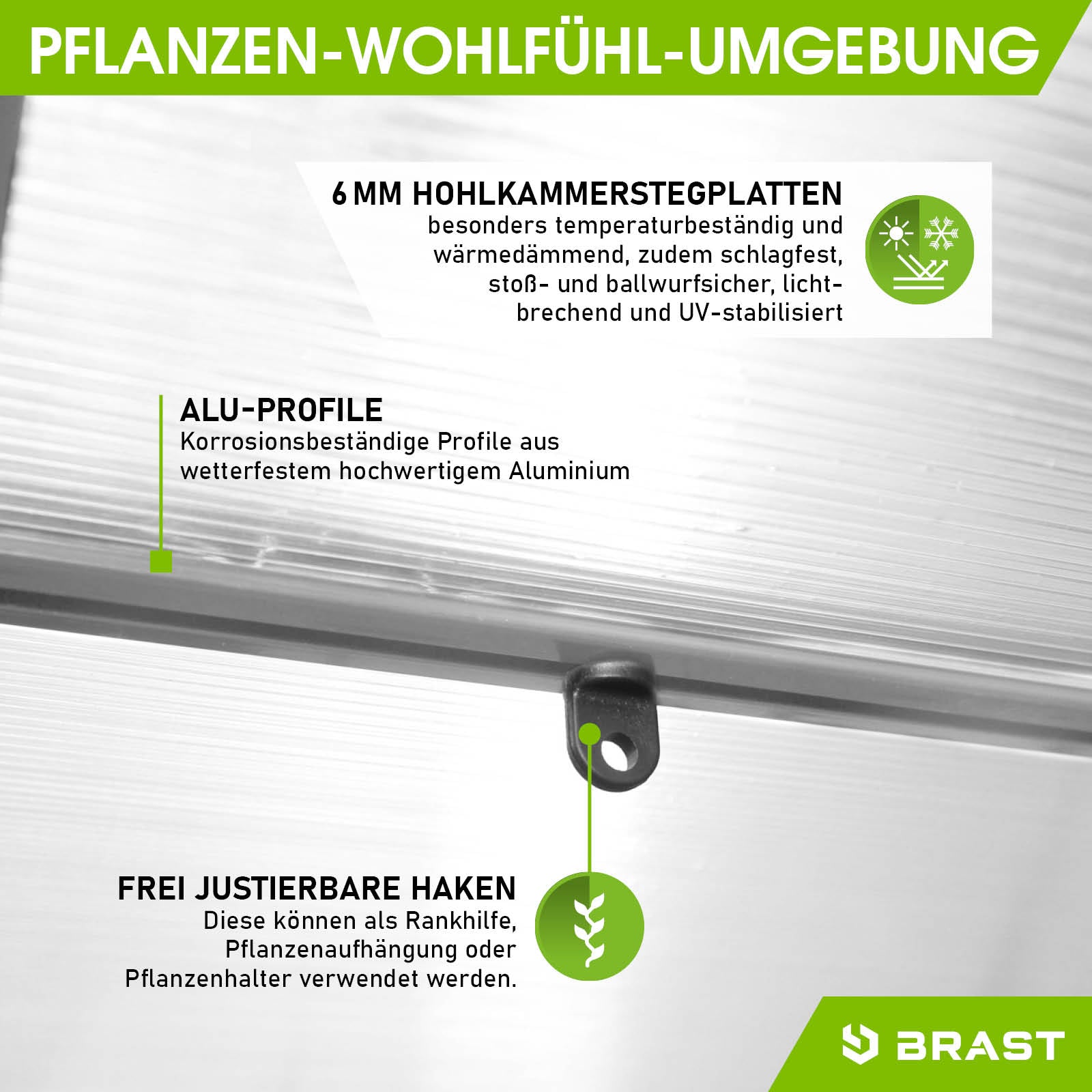 Aluminium Gewächshaus Profil mit 6 mm Hohlkammerstegplatten, justierbare Haken für begehbares Gewächshaus mit Fundament,.