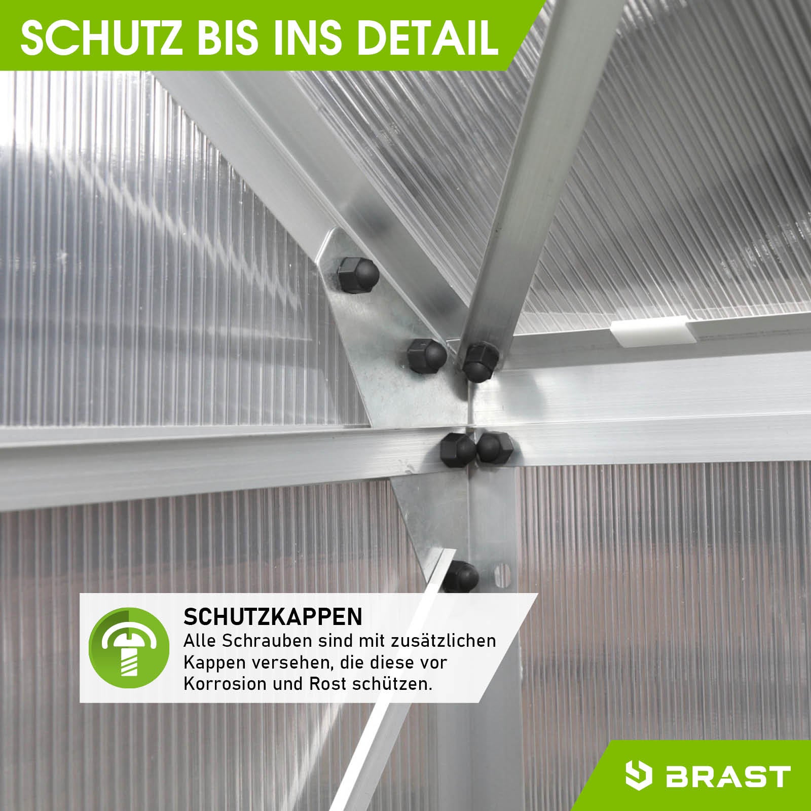 Aluminium Gewächshaus Detailaufnahme mit verstärktem Fundament und stabilen Schutzkappen, windsicheres Gewächshaus Treibhaus .