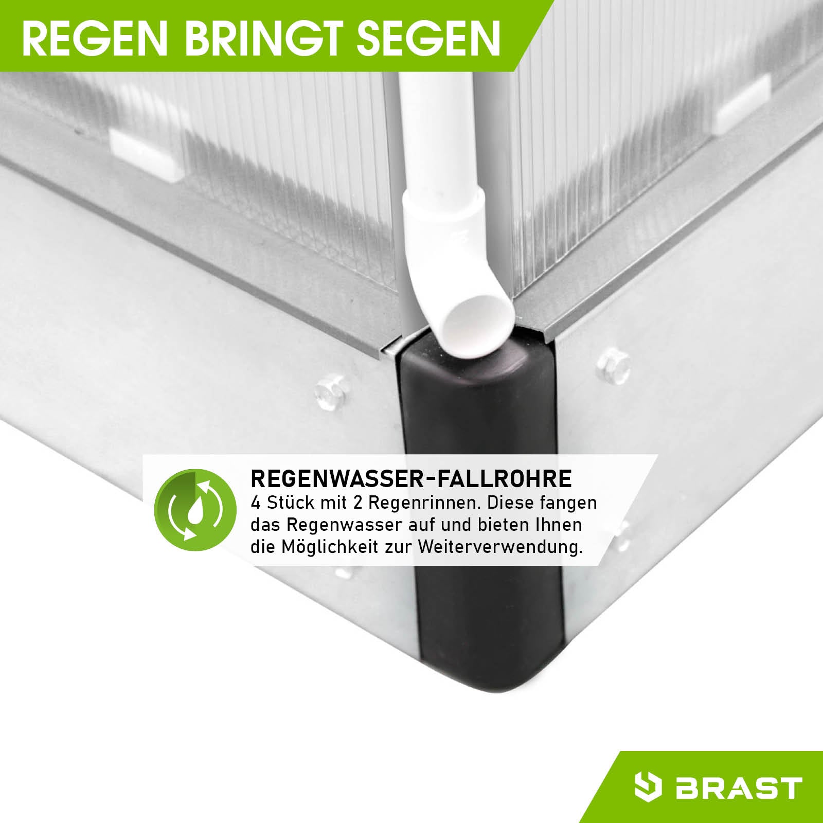 Aluminium Gewächshaus mit stabilem Fundament und Regenwasser-Fallrohr, windsicheres begehbares Gewächshaus für Garten.
