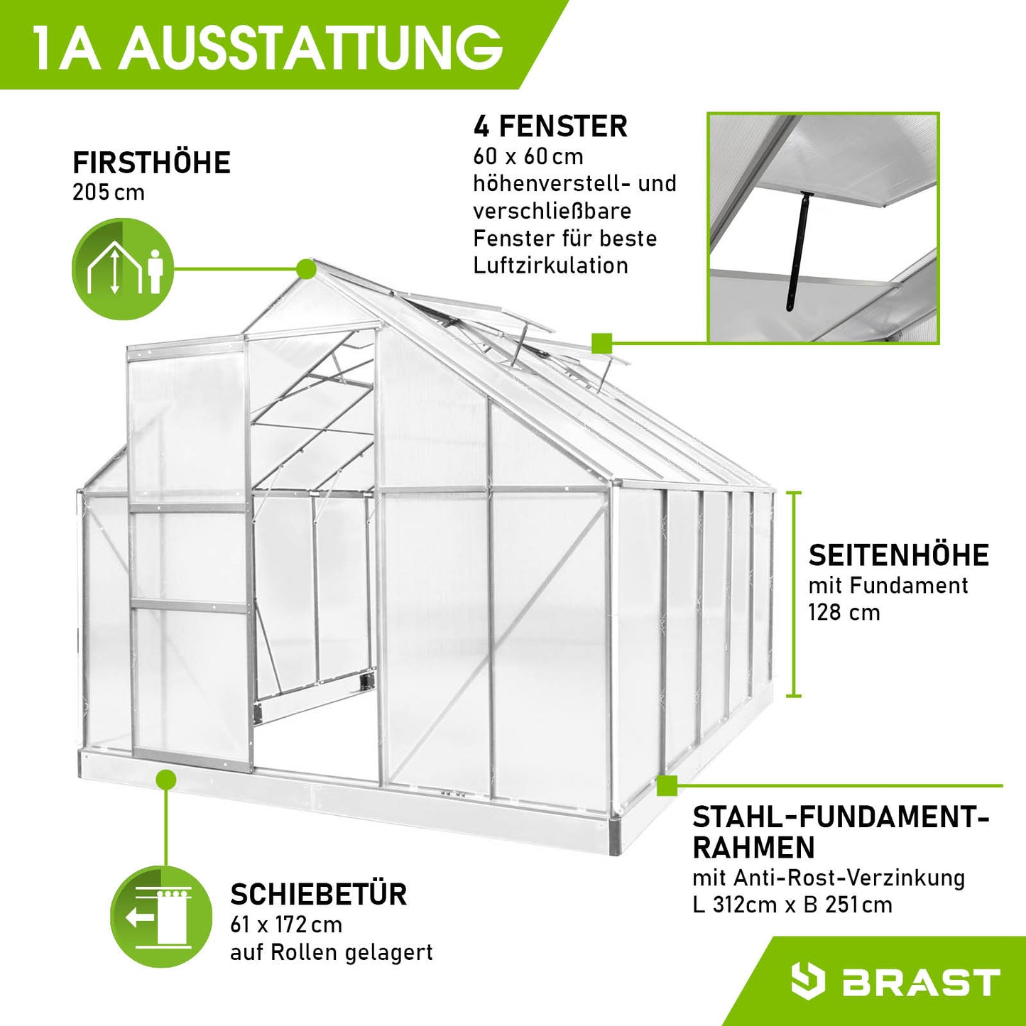 Aluminium Gewächshaus 310x250x205 mit Stahl-Fundamentrahmen, 4 verstellbaren Fenstern, Schiebetür, begehbares und.