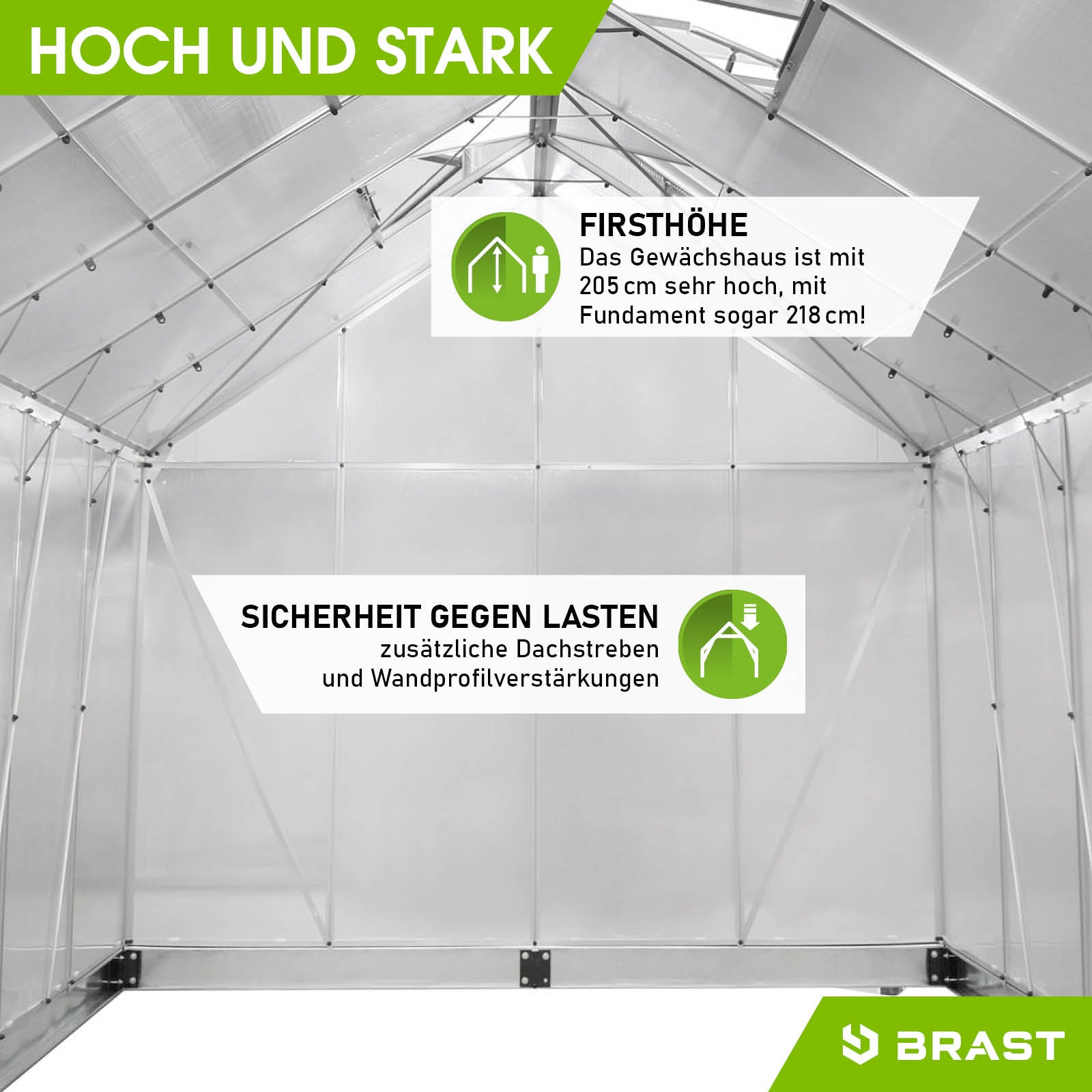 Begehbares Aluminium Gewächshaus für Garten mit stabilem Fundament, windsicher und hoch mit 205 cm Firsthöhe, verstärkte.
