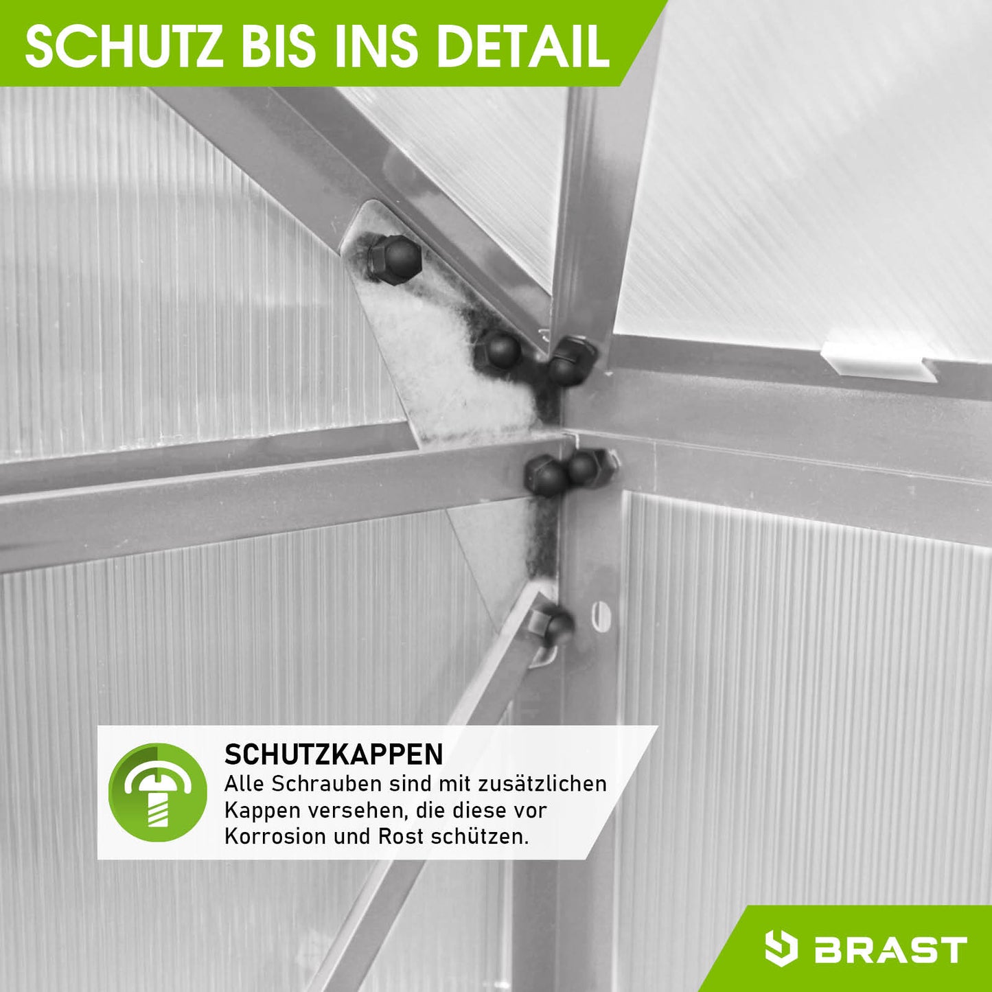Detailaufnahme Aluminium Gewächshaus mit stabilen Schutzkappen, begehbares Gewächshaus mit Fundament, windsicheres.