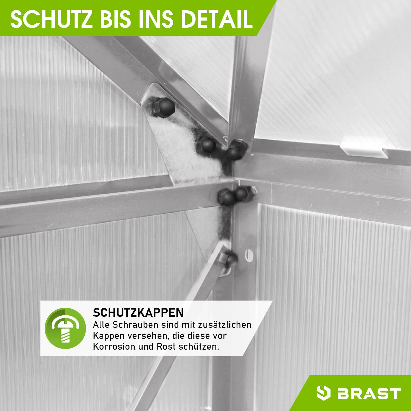Detailaufnahme Aluminium Gewächshaus mit stabilen Schutzkappen, begehbares Gewächshaus mit Fundament, windsicheres.